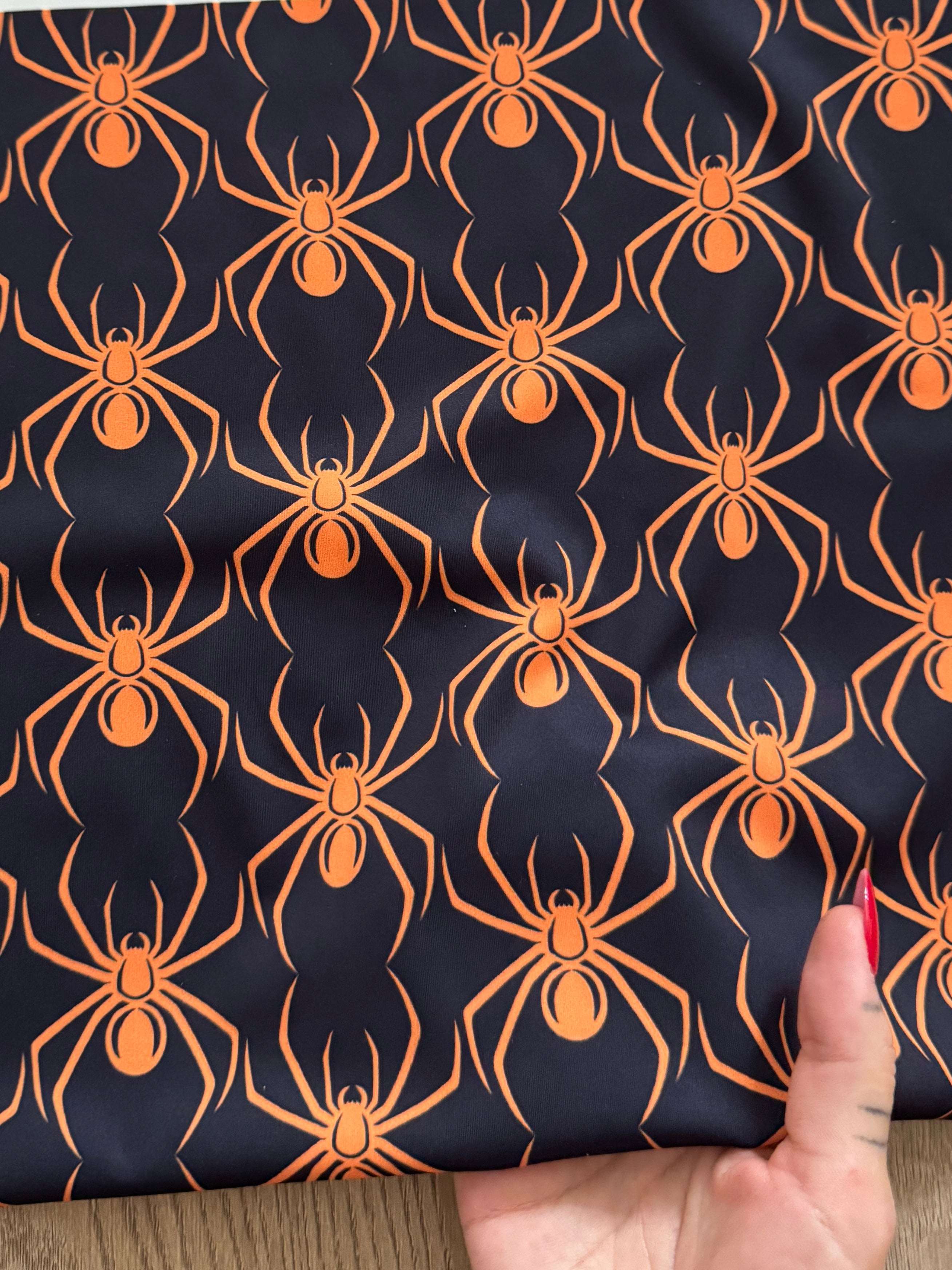 Orange on Black Spider Print Nylon Spandex, Halloween Spandex, Halloween Fabric, Spandex Fabric, Nylon Spandex, Stretch Fabric, 4 Way Stretch, Spooky Fabric