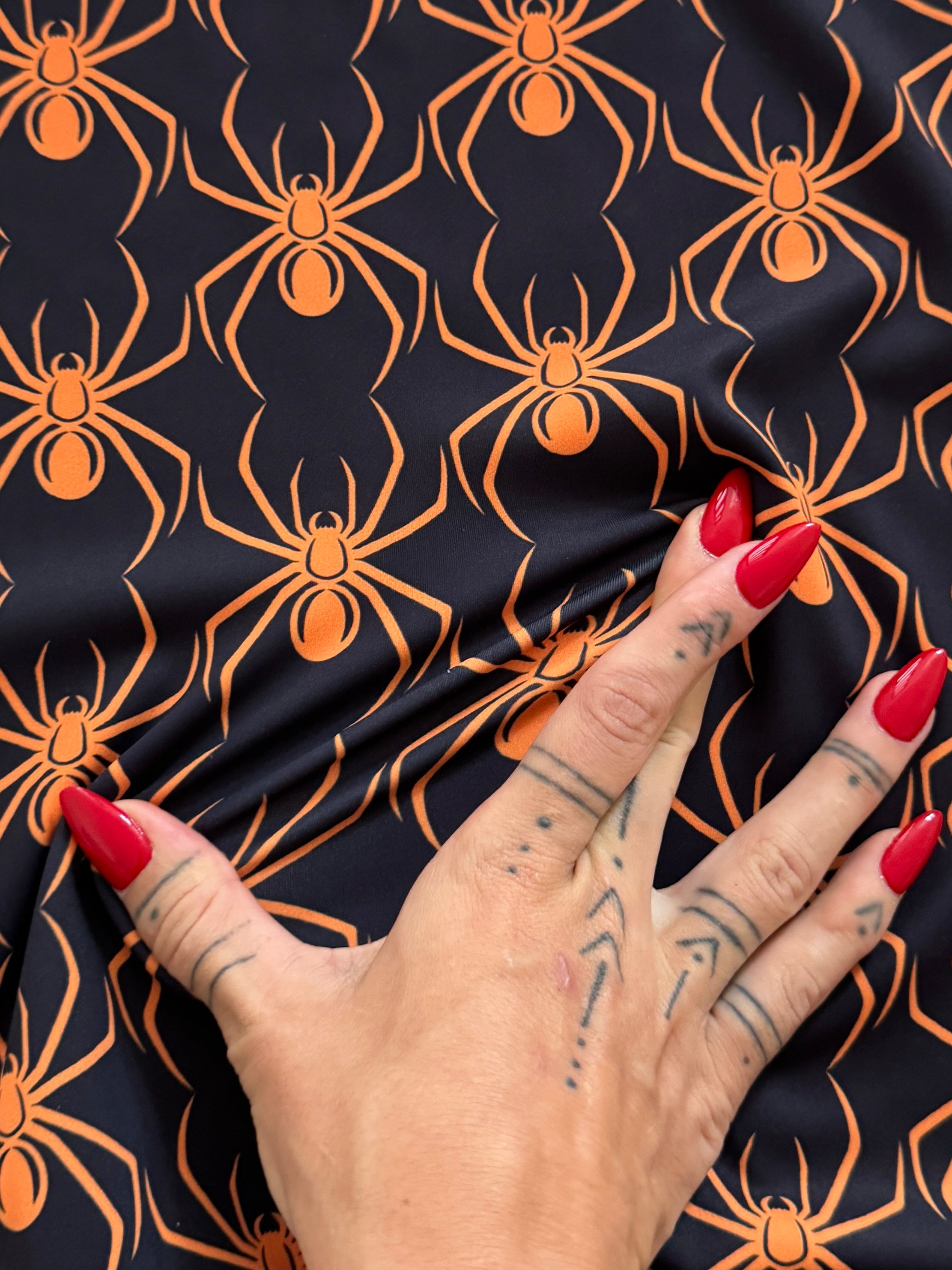 Orange on Black Spider Print Nylon Spandex, Kiki Sewing Store, Kiki Luxury Fabric, Cheap Fabric Store, Kiki Textiles, Kiki Textile by the Yard, Kiki Textile USA