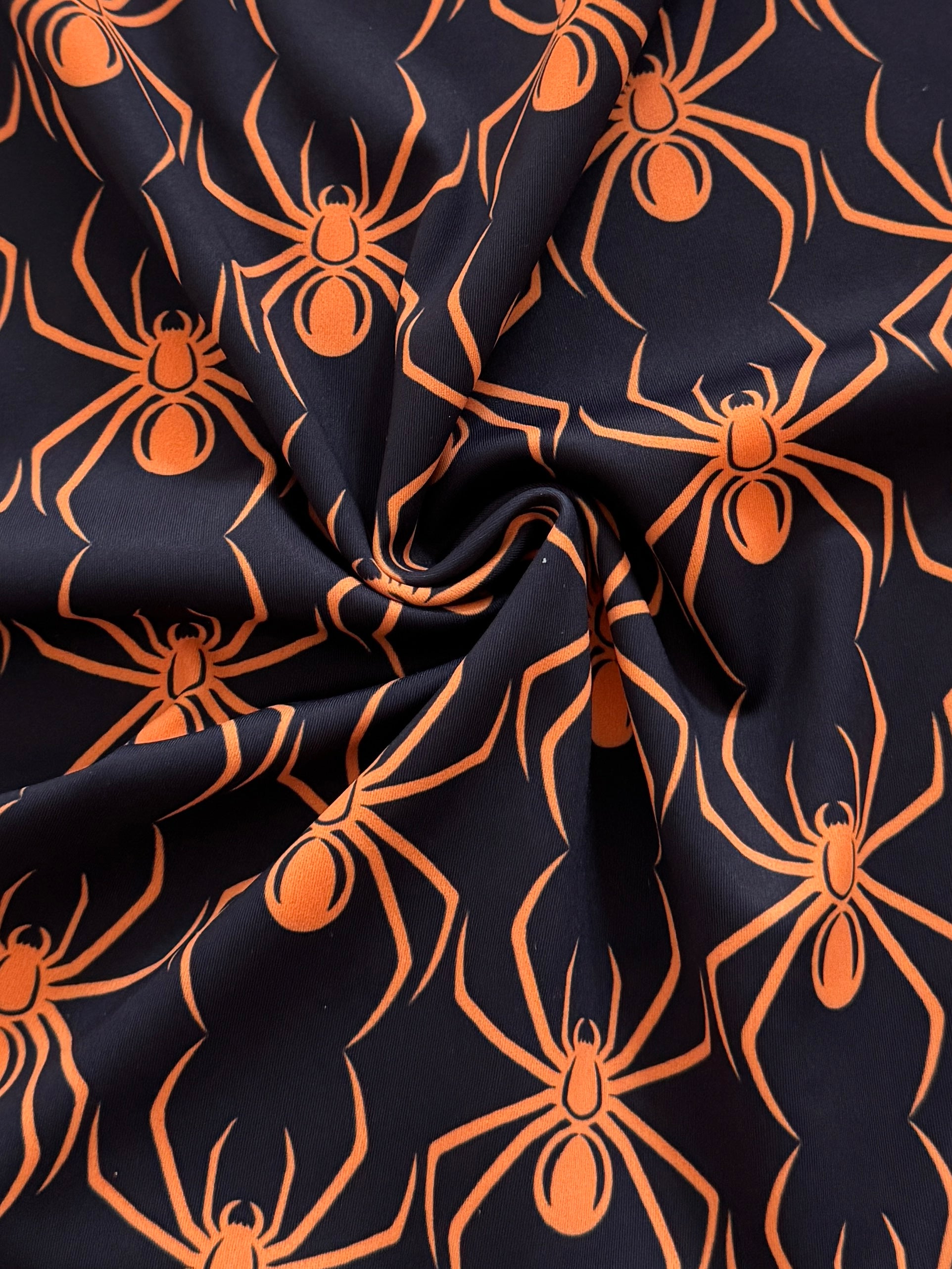 Orange on Black Spider Print Nylon Spandex, Kiki Sewing Store, Kiki Luxury Fabric, Cheap Fabric Store, Kiki Textiles, Kiki Textile by the Yard, Kiki Textile USA