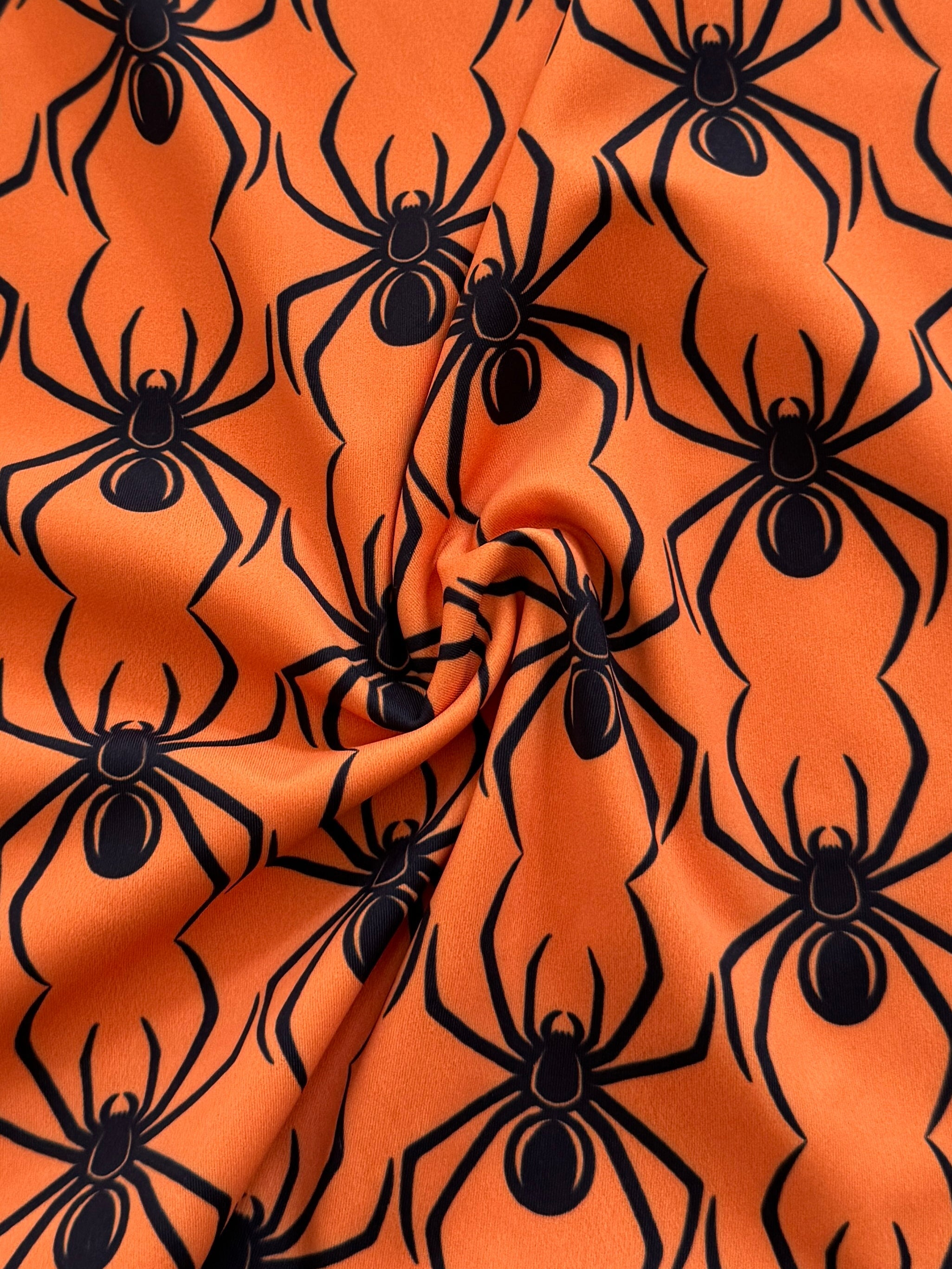 Black on Orange Spider Print Nylon Spandex, Halloween Spandex, Halloween Fabric, Spandex Fabric, Nylon Spandex, Stretch Fabric, 4 Way Stretch, Spooky Fabric