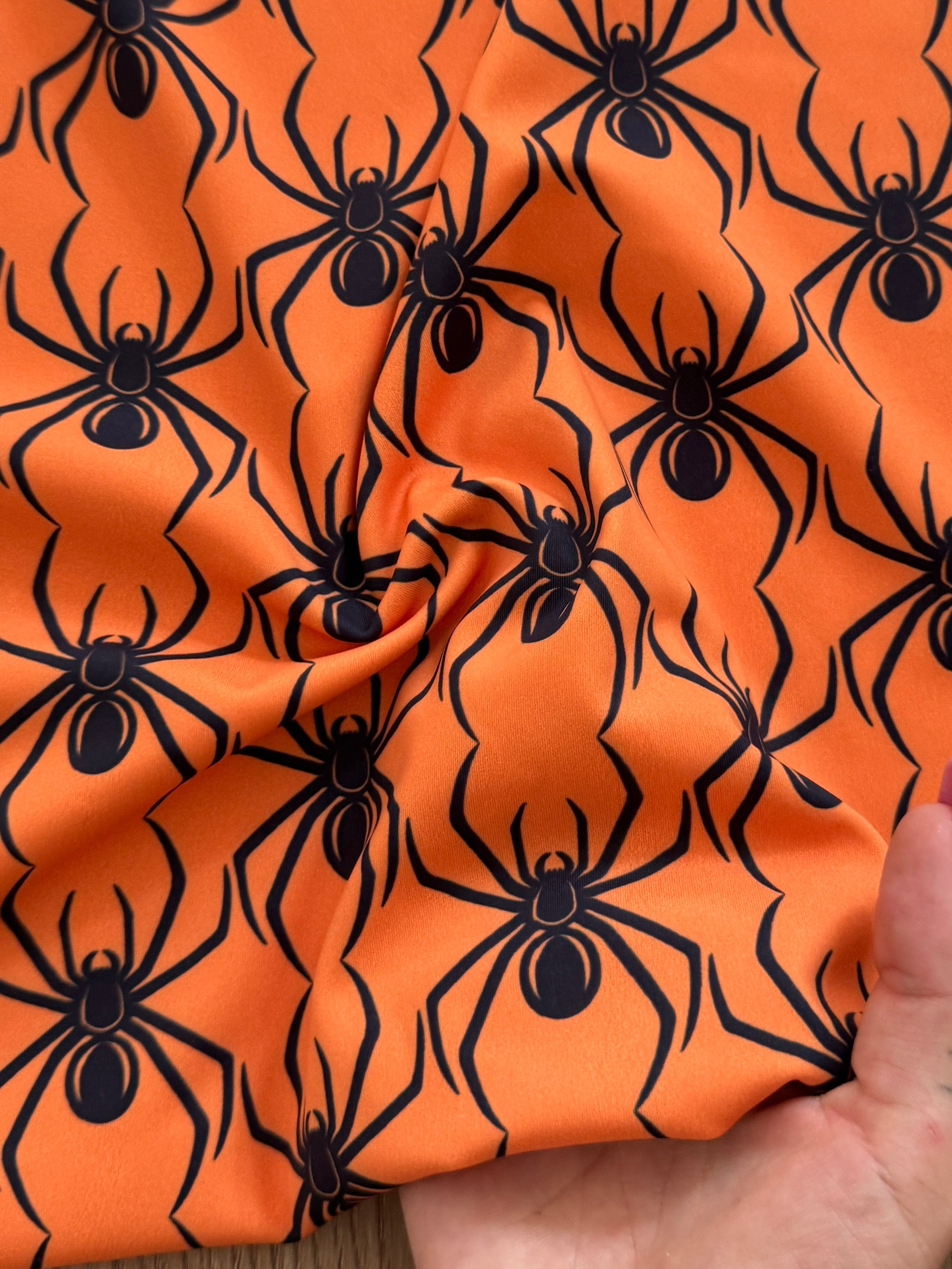 Black on Orange Spider Print Nylon Spandex, Kiki Sewing Store, Kiki Luxury Fabric, Cheap Fabric Store, Kiki Textiles, Kiki Textile by the Yard, Kiki Textile USA