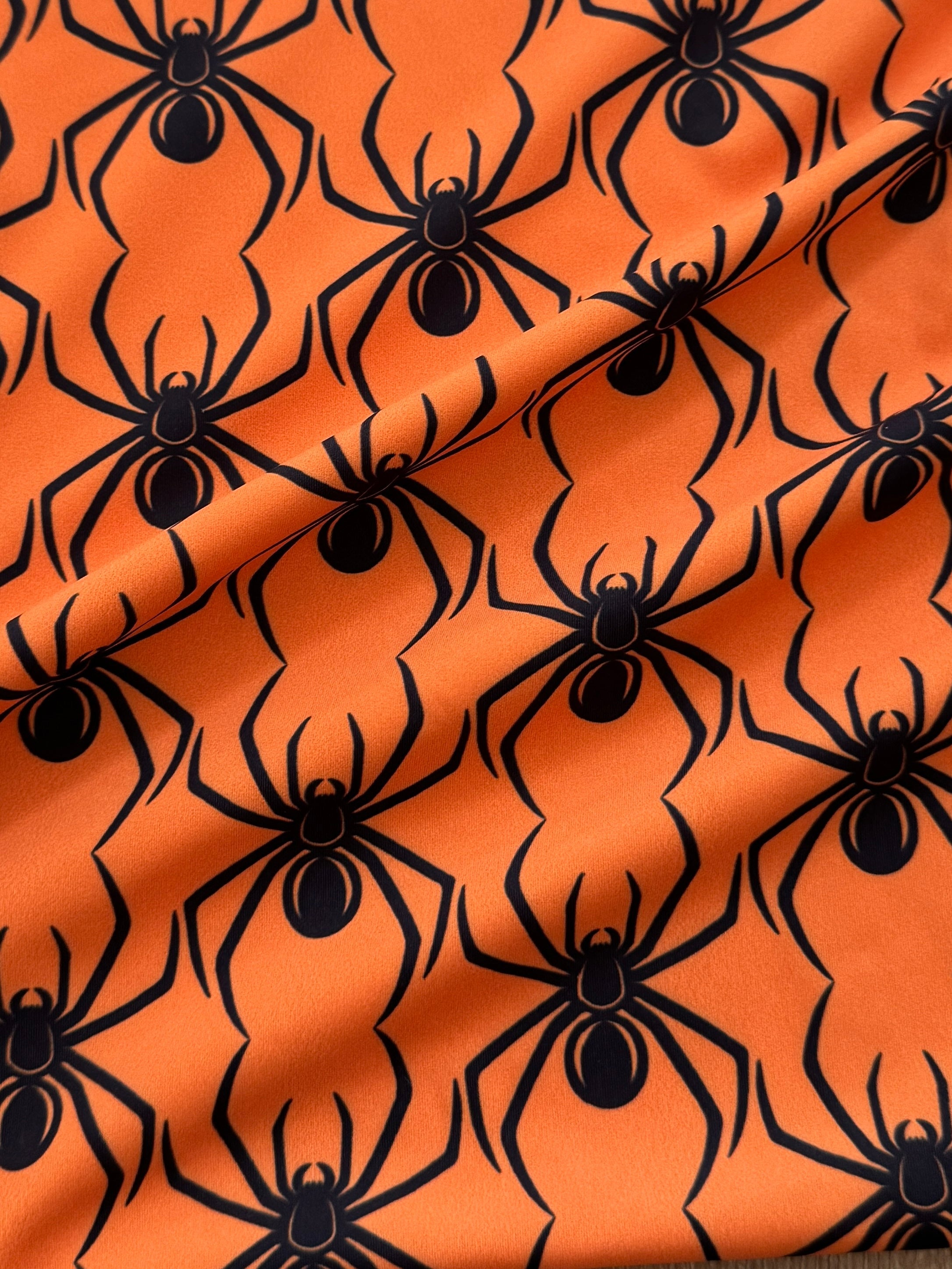 Black on Orange Spider Print Nylon Spandex, Halloween Spandex, Halloween Fabric, Spandex Fabric, Nylon Spandex, Stretch Fabric, 4 Way Stretch, Spooky Fabric