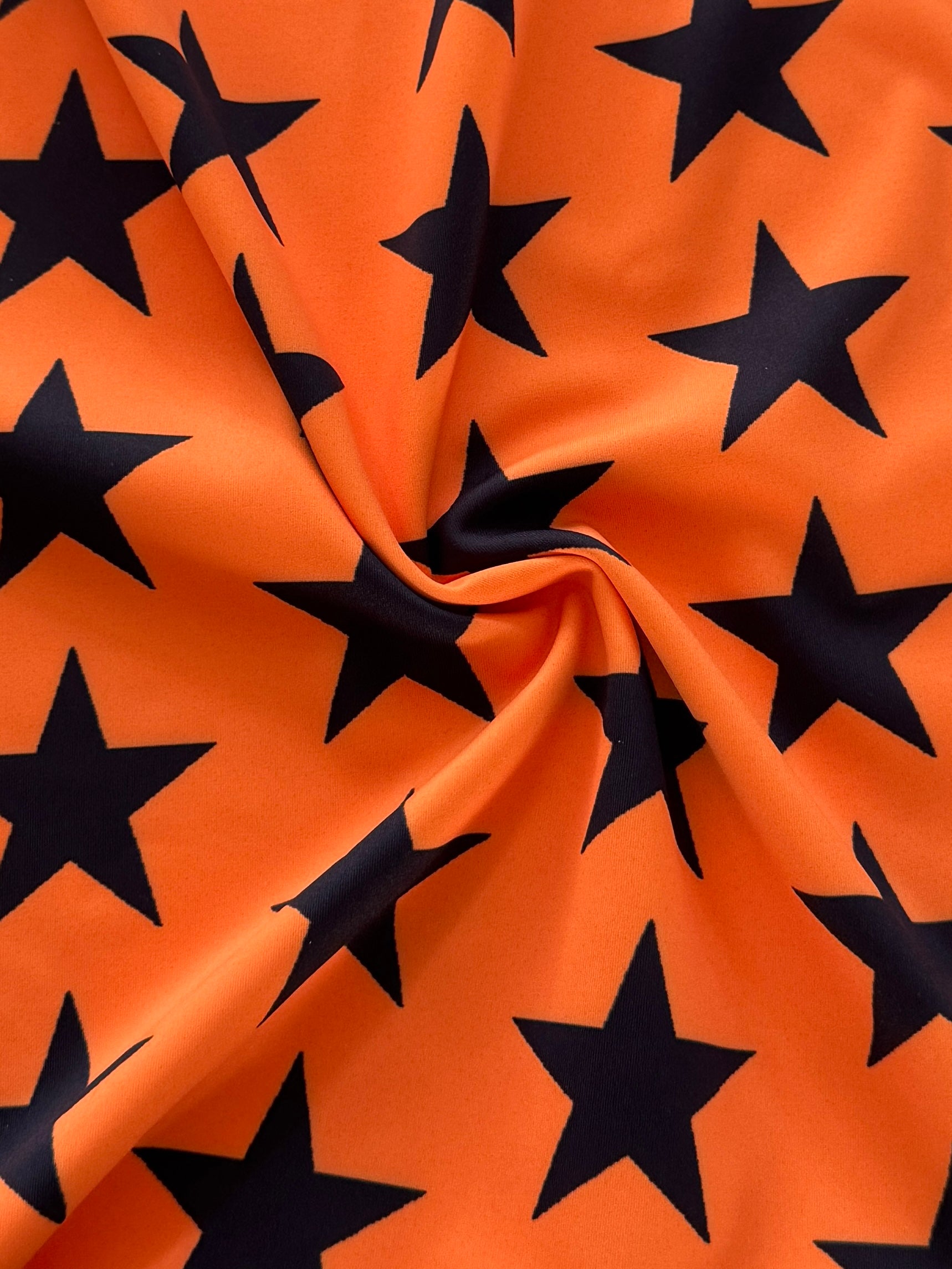 Black on Orange Star Print Nylon Spandex, Halloween Spandex, Halloween Fabric, Spandex Fabric, Nylon Spandex, Stretch Fabric, 4 Way Stretch, Spooky Fabric