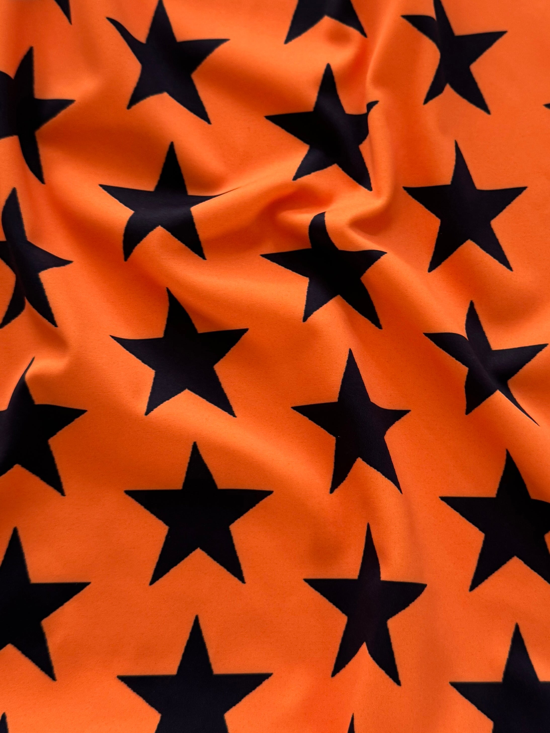 Black on Orange Star Print Nylon Spandex, Halloween Spandex, Halloween Fabric, Spandex Fabric, Nylon Spandex, Stretch Fabric, 4 Way Stretch, Spooky Fabric
