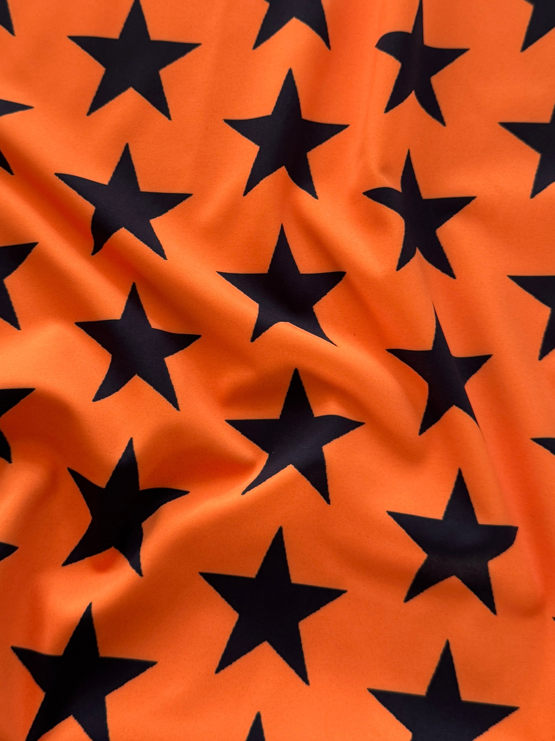 Black on Orange Star Print Nylon Spandex, Halloween Spandex, Halloween Fabric, Spandex Fabric, Nylon Spandex, Stretch Fabric, 4 Way Stretch, Spooky Fabric