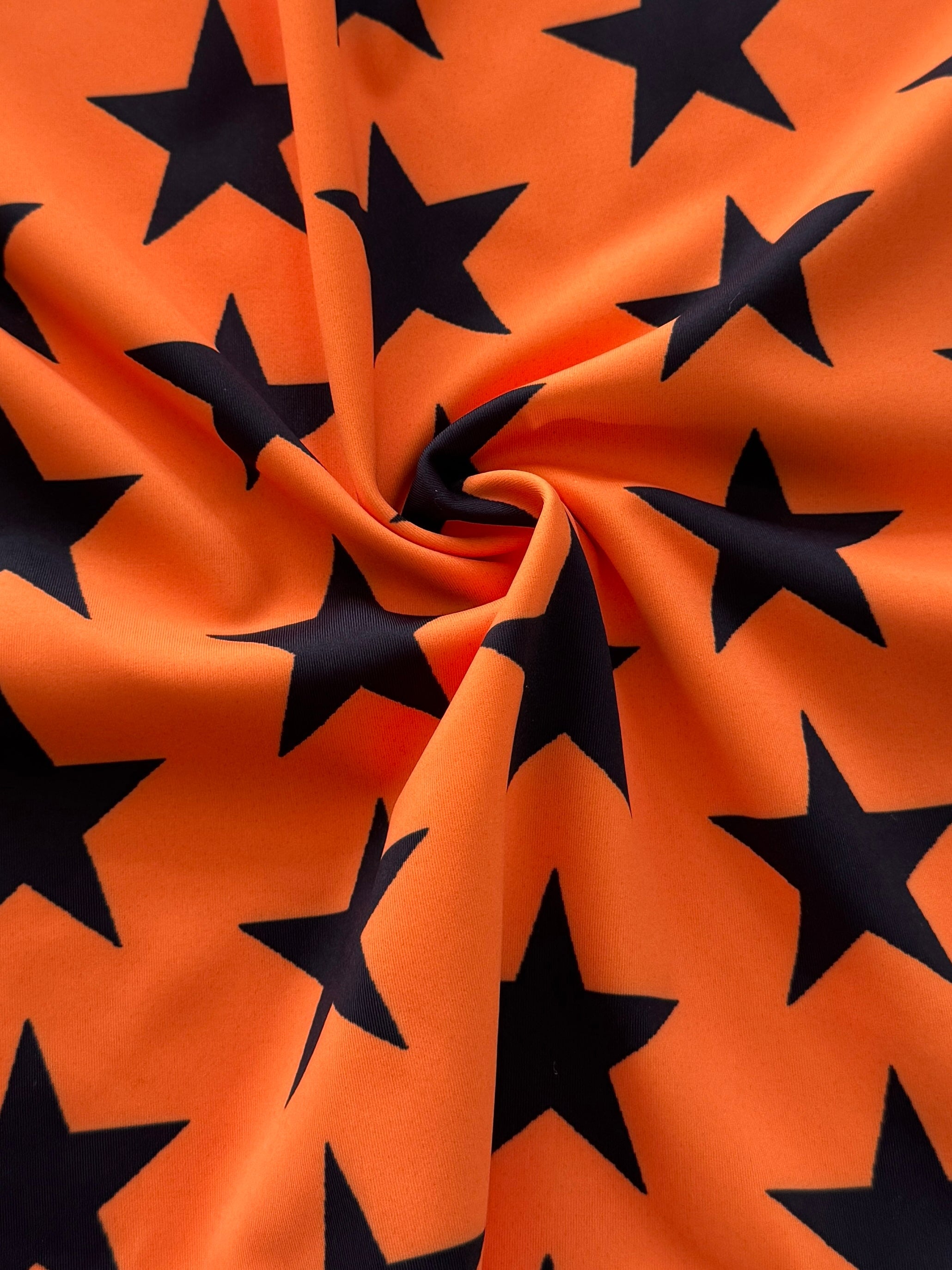 Black on Orange Star Print Nylon Spandex, Halloween Spandex, Halloween Fabric, Spandex Fabric, Nylon Spandex, Stretch Fabric, 4 Way Stretch, Spooky Fabric