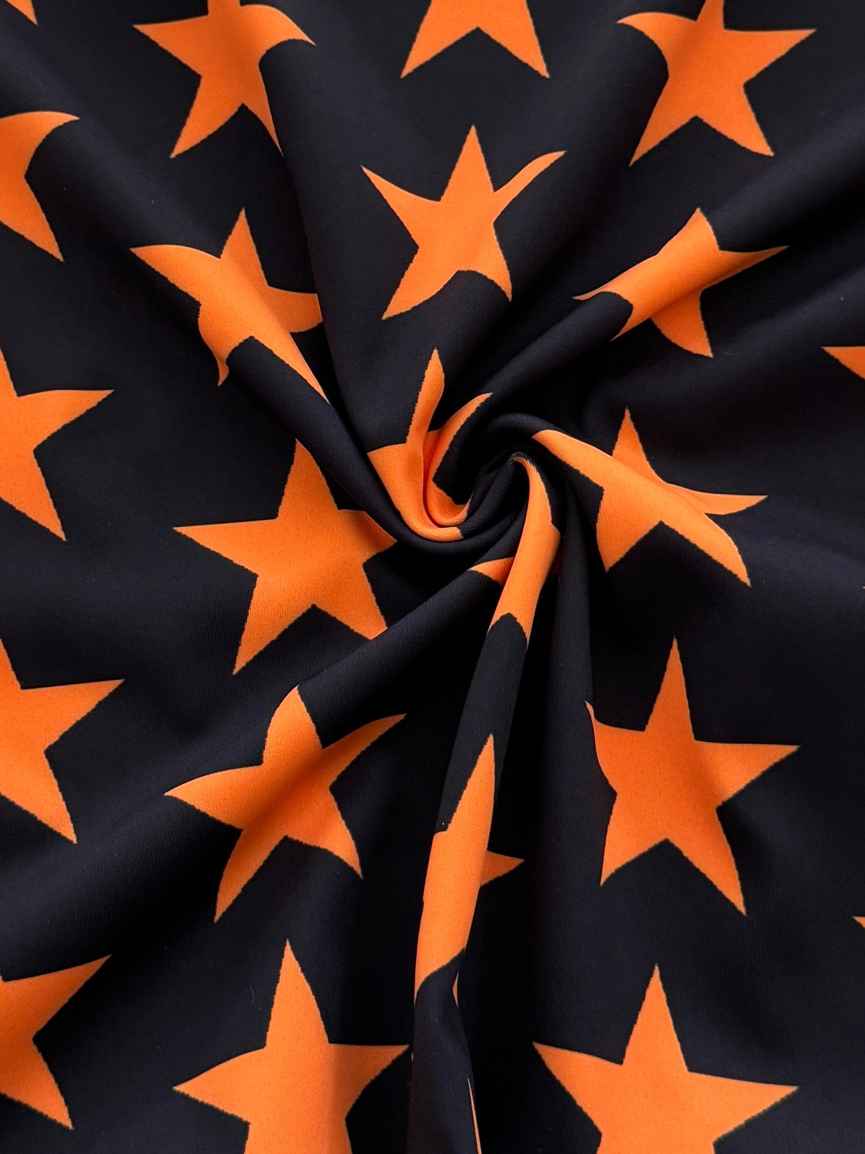 Orange on Black Star Print Nylon Spandex, Halloween Spandex, Halloween Fabric, Spandex Fabric, Nylon Spandex, Stretch Fabric, 4 Way Stretch, Spooky Fabric