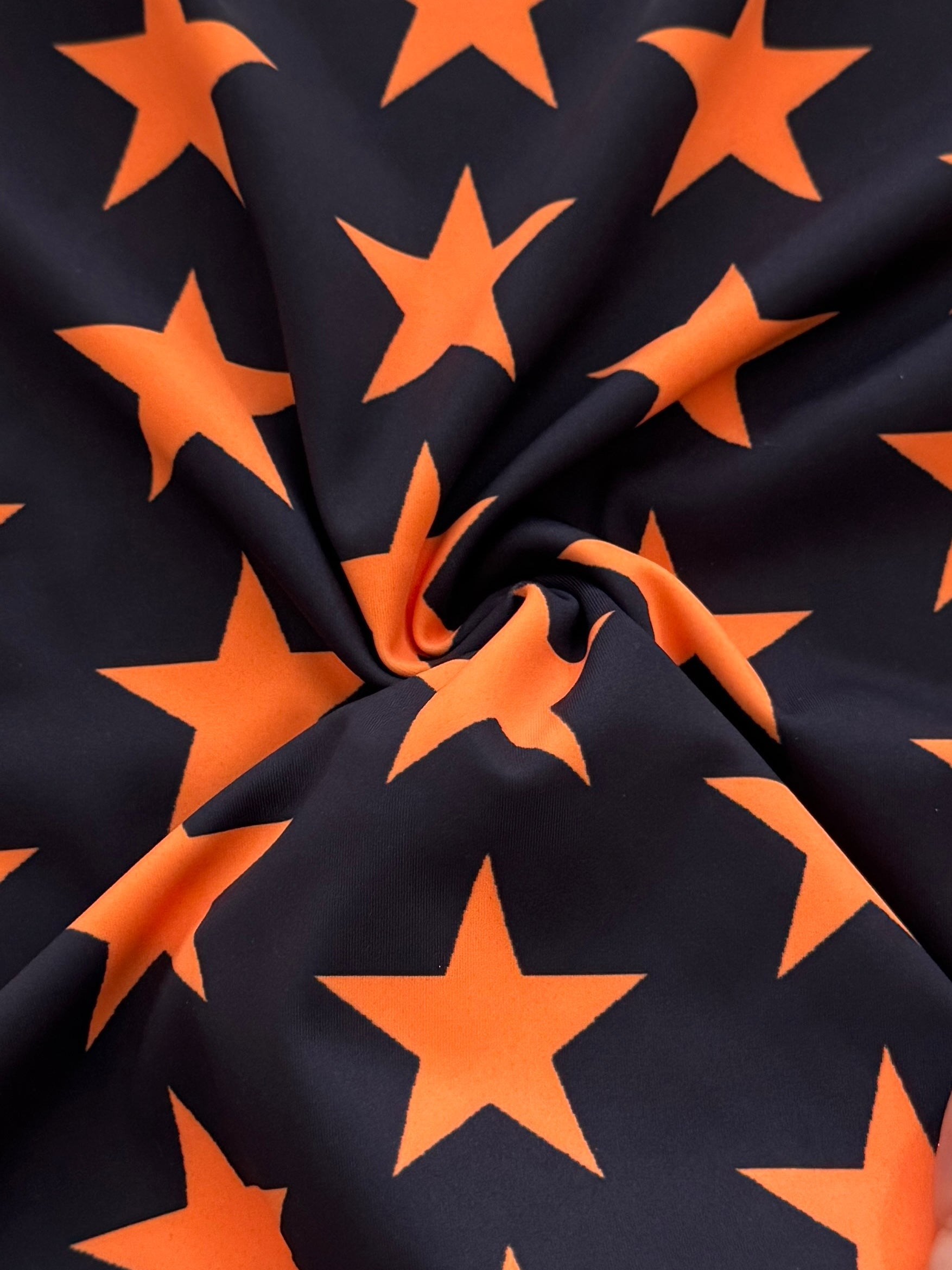 Orange on Black Star Print Nylon Spandex, Halloween Spandex, Halloween Fabric, Spandex Fabric, Nylon Spandex, Stretch Fabric, 4 Way Stretch, Spooky Fabric