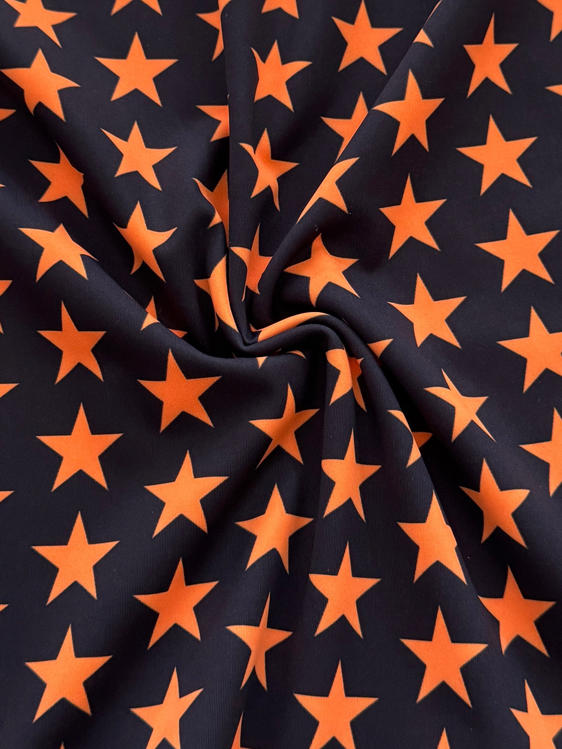 Orange on Black Mini Stars Print Nylon Spandex, Halloween Spandex, Halloween Fabric, Spandex Fabric, Nylon Spandex, Stretch Fabric, 4 Way Stretch, Spooky Fabric