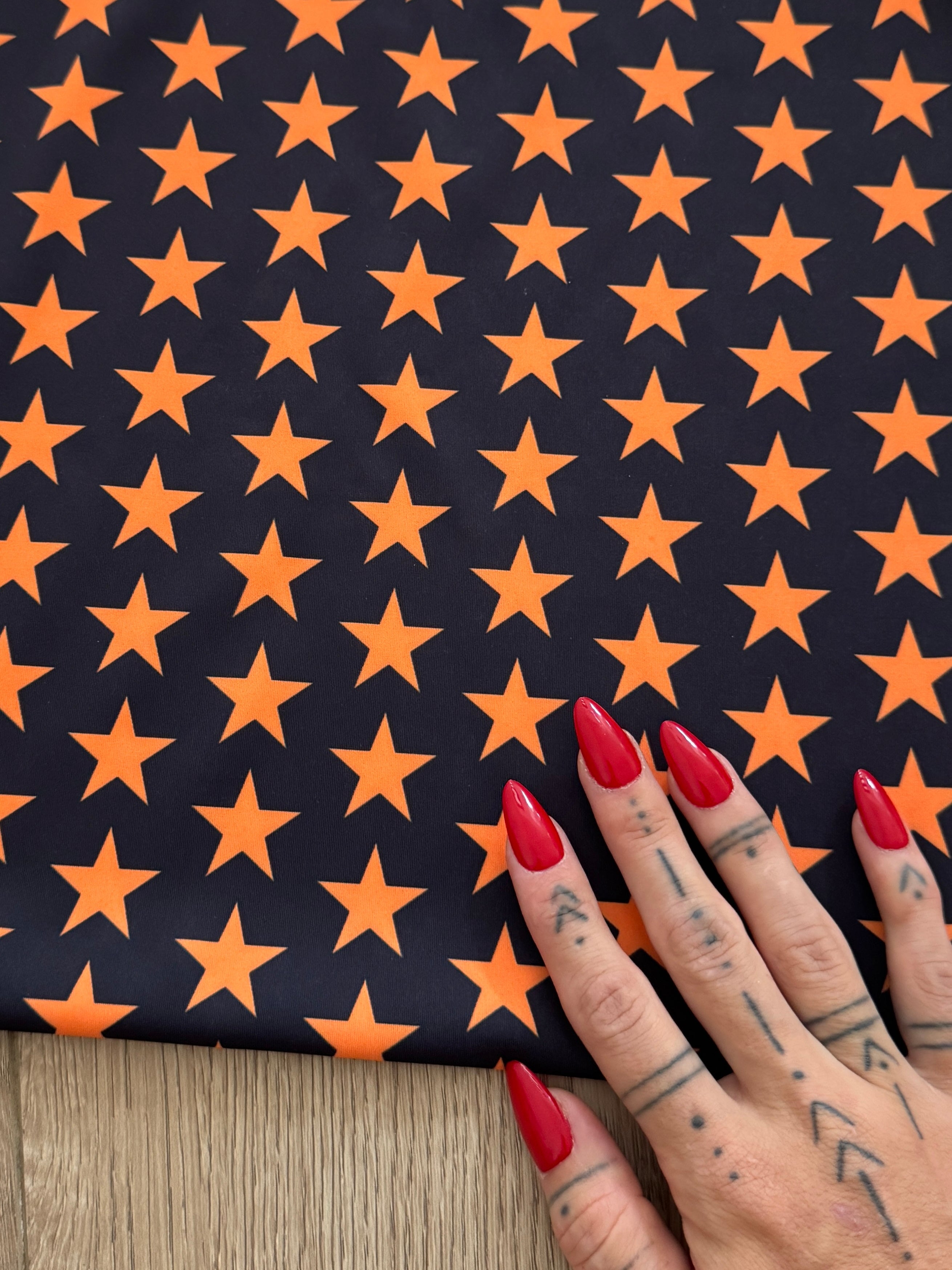 Orange on Black Mini Stars Print Nylon Spandex, Kiki Sewing Store, Kiki Luxury Fabric, Cheap Fabric Store, Kiki Textiles, Kiki Textile by the Yard, Kiki Textile USA