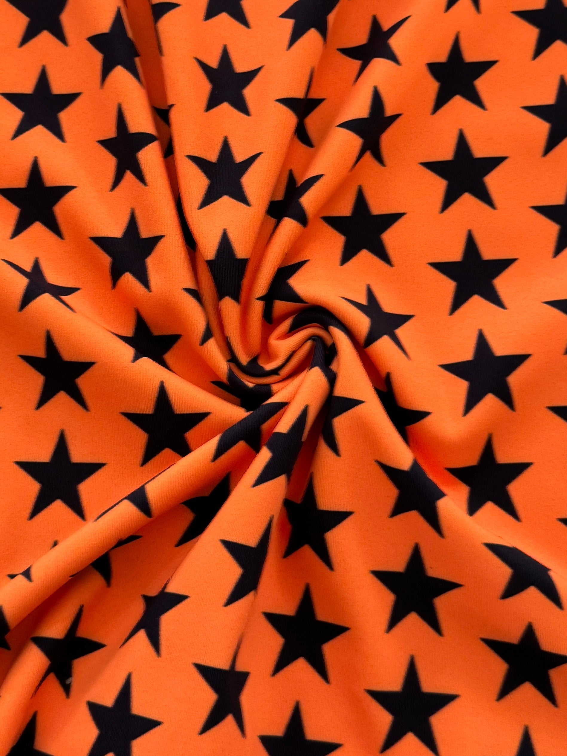 Black on Orange Mini Stars Print Nylon Spandex, Halloween Spandex, Halloween Fabric, Spandex Fabric, Nylon Spandex, Stretch Fabric, 4 Way Stretch, Spooky Fabric