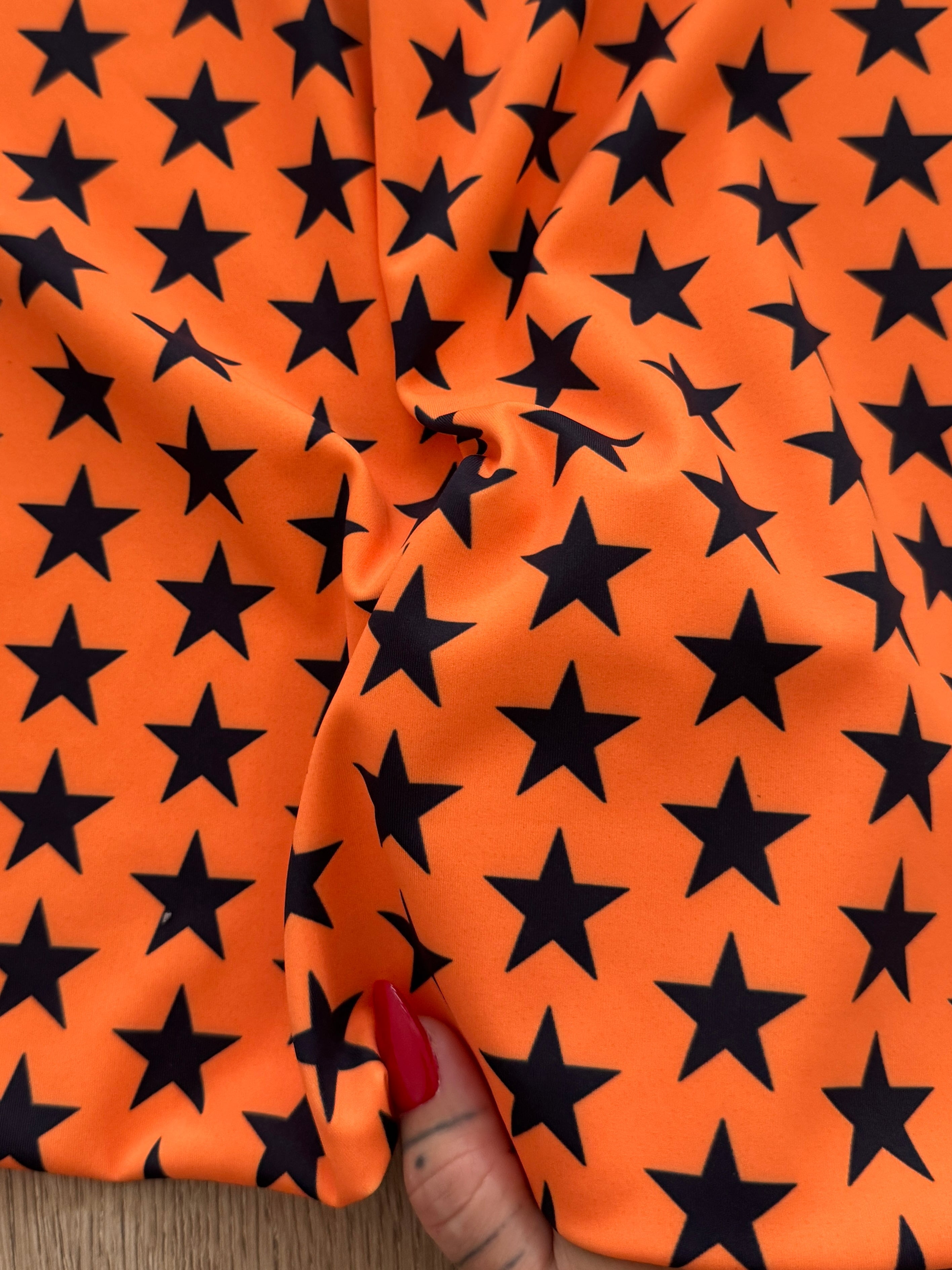 Black on Orange Mini Stars Print Nylon Spandex, Halloween Spandex, Halloween Fabric, Spandex Fabric, Nylon Spandex, Stretch Fabric, 4 Way Stretch, Spooky Fabric