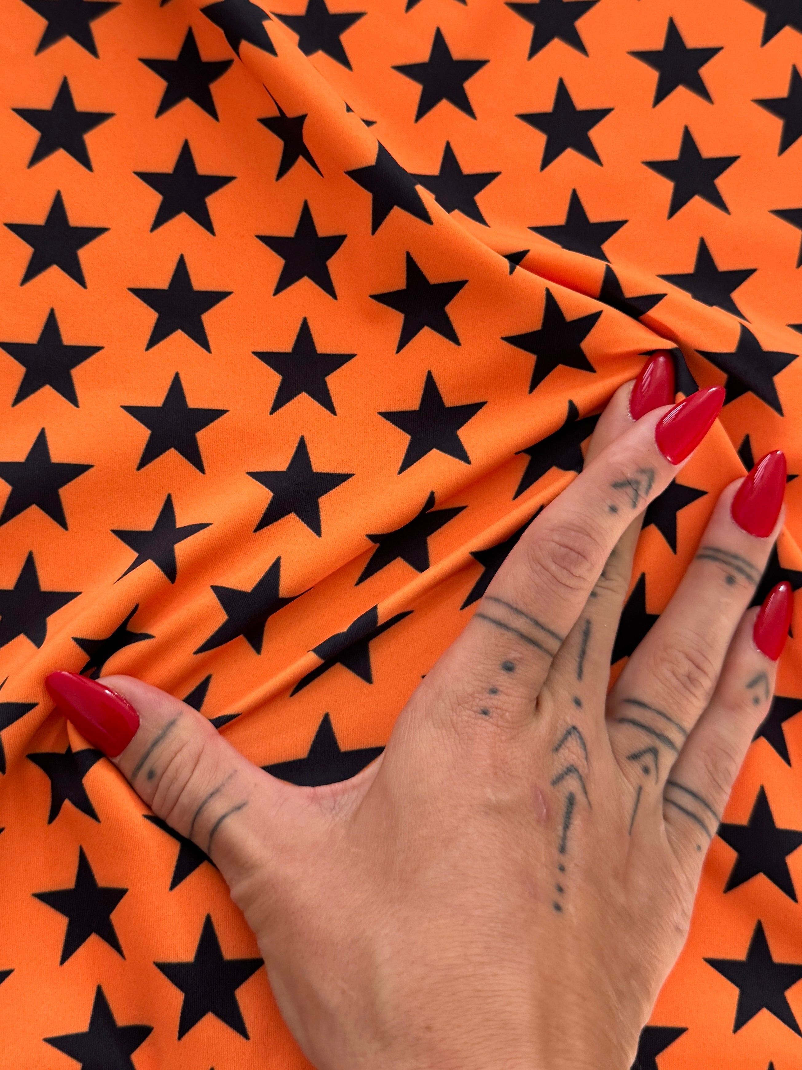 Black on Orange Mini Stars Print Nylon Spandex, Kiki Sewing Store, Kiki Luxury Fabric, Cheap Fabric Store, Kiki Textiles, Kiki Textile by the Yard, Kiki Textile USA