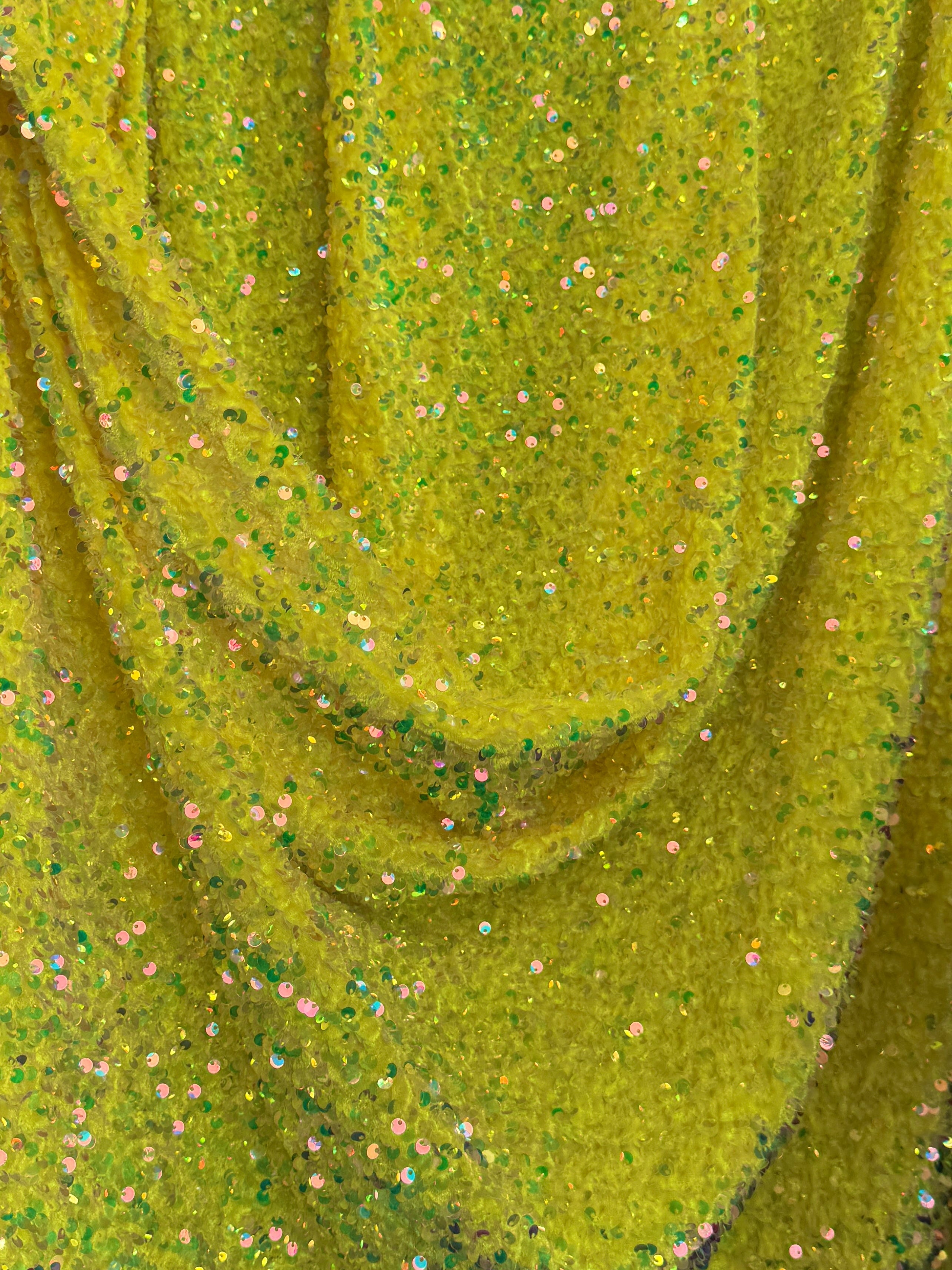 yellow iridescent sequin On velvet, yellow Sequin on velvet, Sequin on velvet, Stretch Sequin Mesh, Stretch Sequin velvet for woman,  Stretch Sequin velvet for bride, Stretch Sequin velvet on sale, Stretch Sequin velvet on discount, Stretch Sequin velvet online