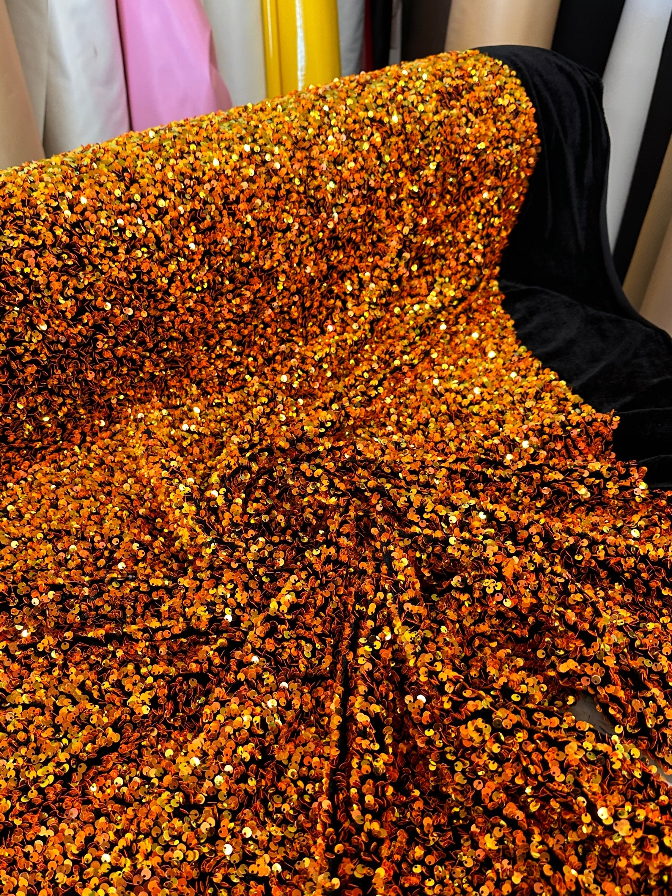 orange sequin fabric, orange iridescent sequin on velvet, orange lace, halloween fabric, sequence fabric, iridescent sequin fabric, sequin velvet