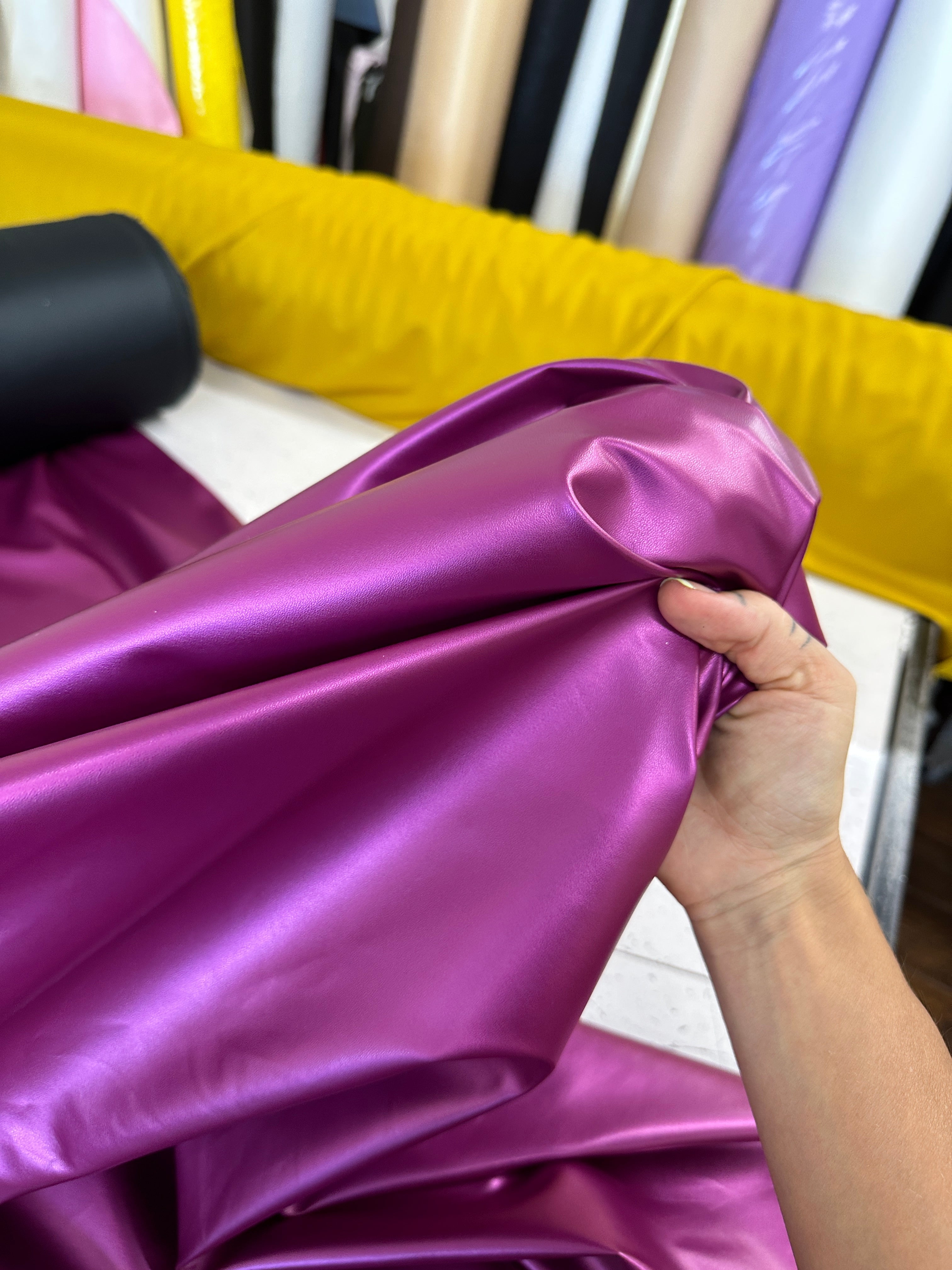 Magenta Metallic Stretch Faux Leather, purple metallic stretch leather, shiny faux leather, mauve faux leather for woman, faux leather for costumes, faux leather for home decor, 2 way stretch faux leather, leather for blazers, cheap leather, discounted leather, leather on sale