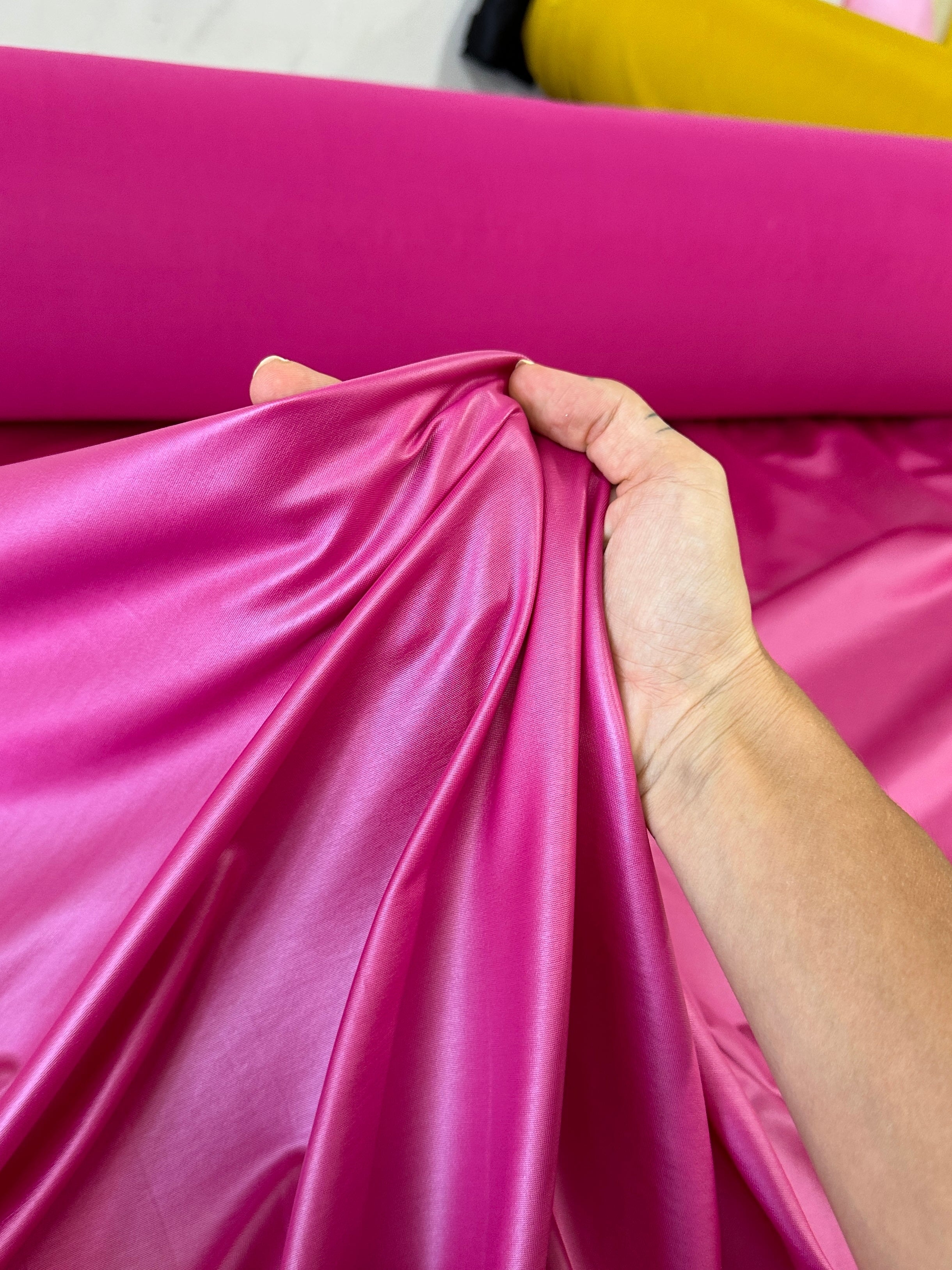 hot pink all way Stretch Faux Leather, pink all way stretch leather, shiny faux leather, light pink all way stretch faux leather for woman, faux leather for costumes, faux leather for home decor, 2 way stretch faux leather, leather for blazers, cheap leather, discounted leather, leather on sale