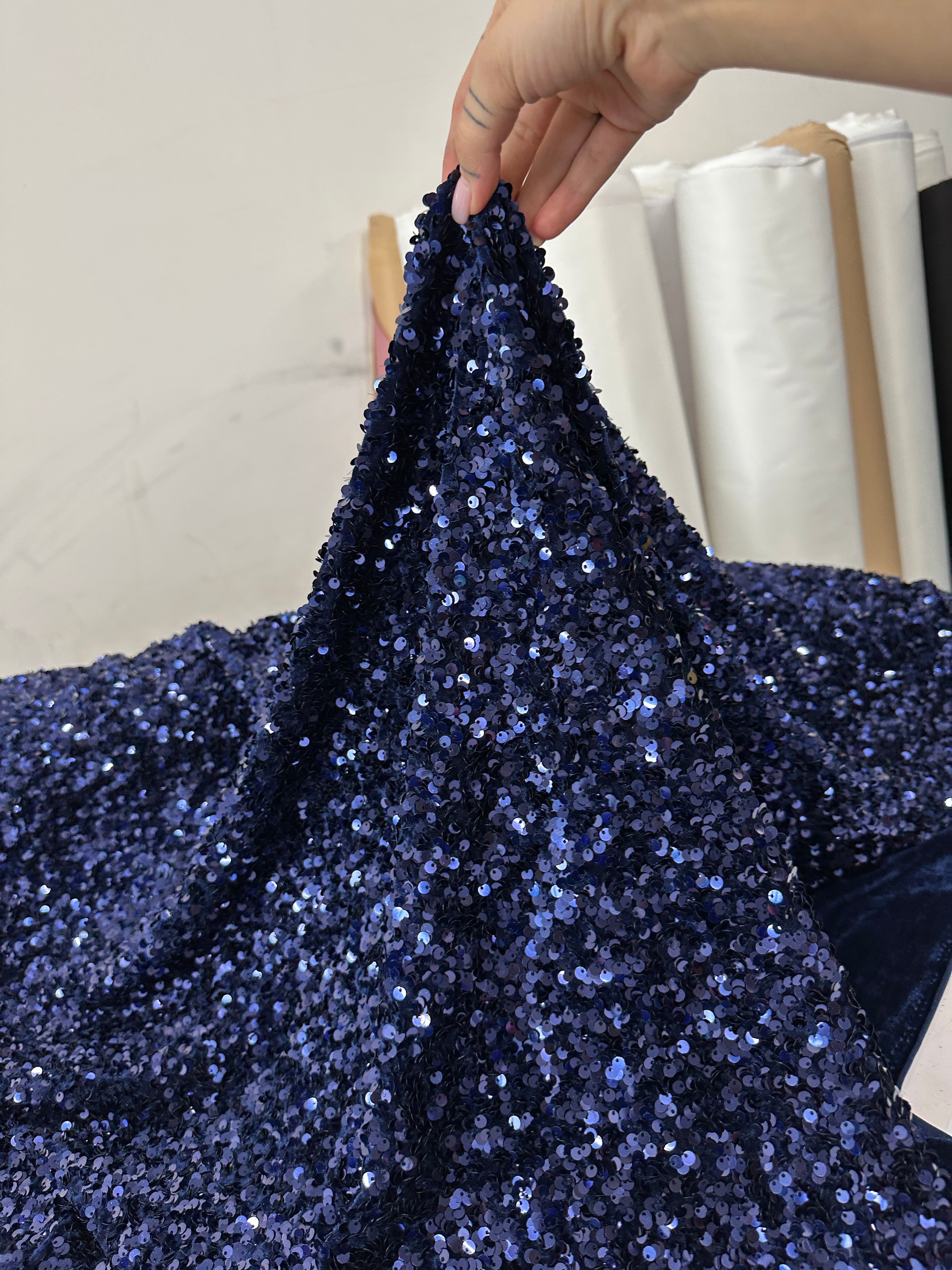 navy blue Sequin on Velvet, blue sequin on velvet, dark blue sequin on velvet, light blue sequin on velvet, velvet on discount, velvet on sale, buy velvet online, kikitextile velvet, premium velvet, velvet for gown, velvet for woman, velvet for bride