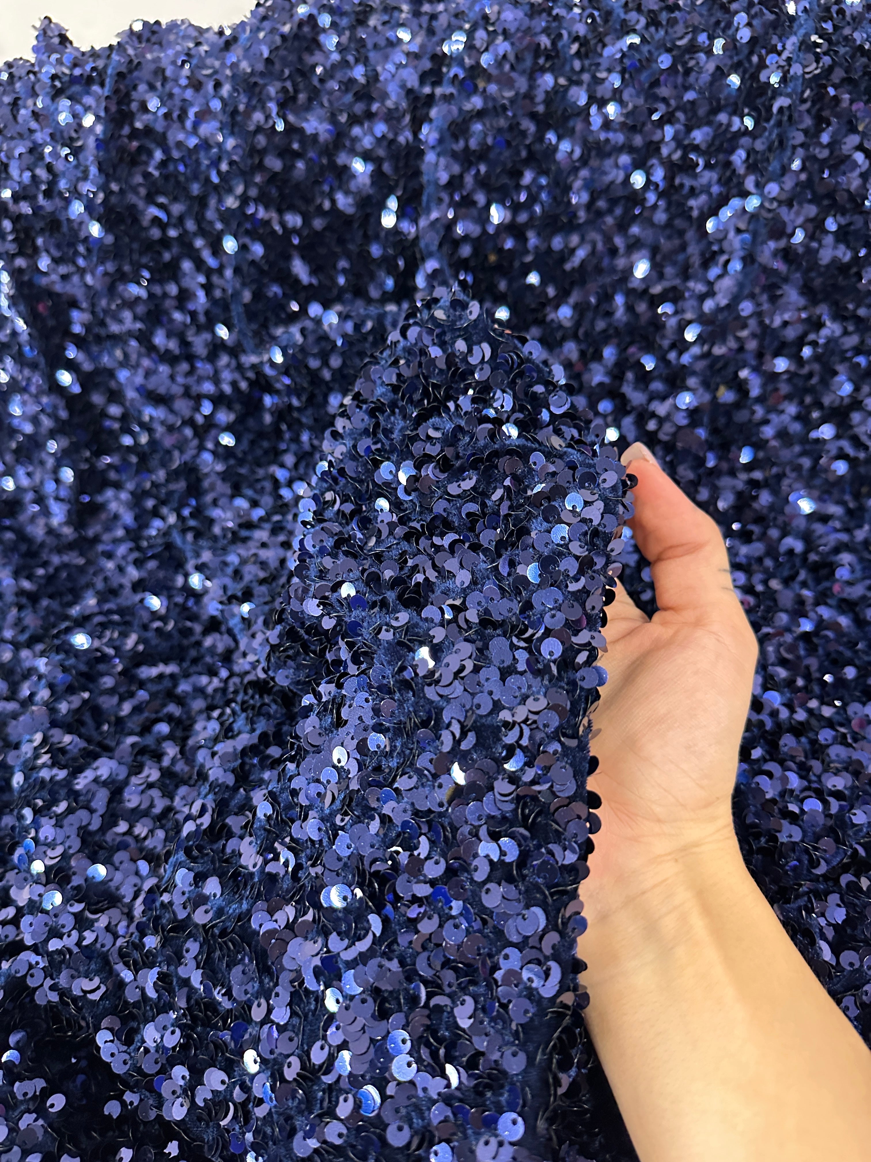 navy blue Sequin on Velvet, blue sequin on velvet, dark blue sequin on velvet, light blue sequin on velvet, velvet on discount, velvet on sale, buy velvet online, kikitextile velvet, premium velvet, velvet for gown, velvet for woman, velvet for bride