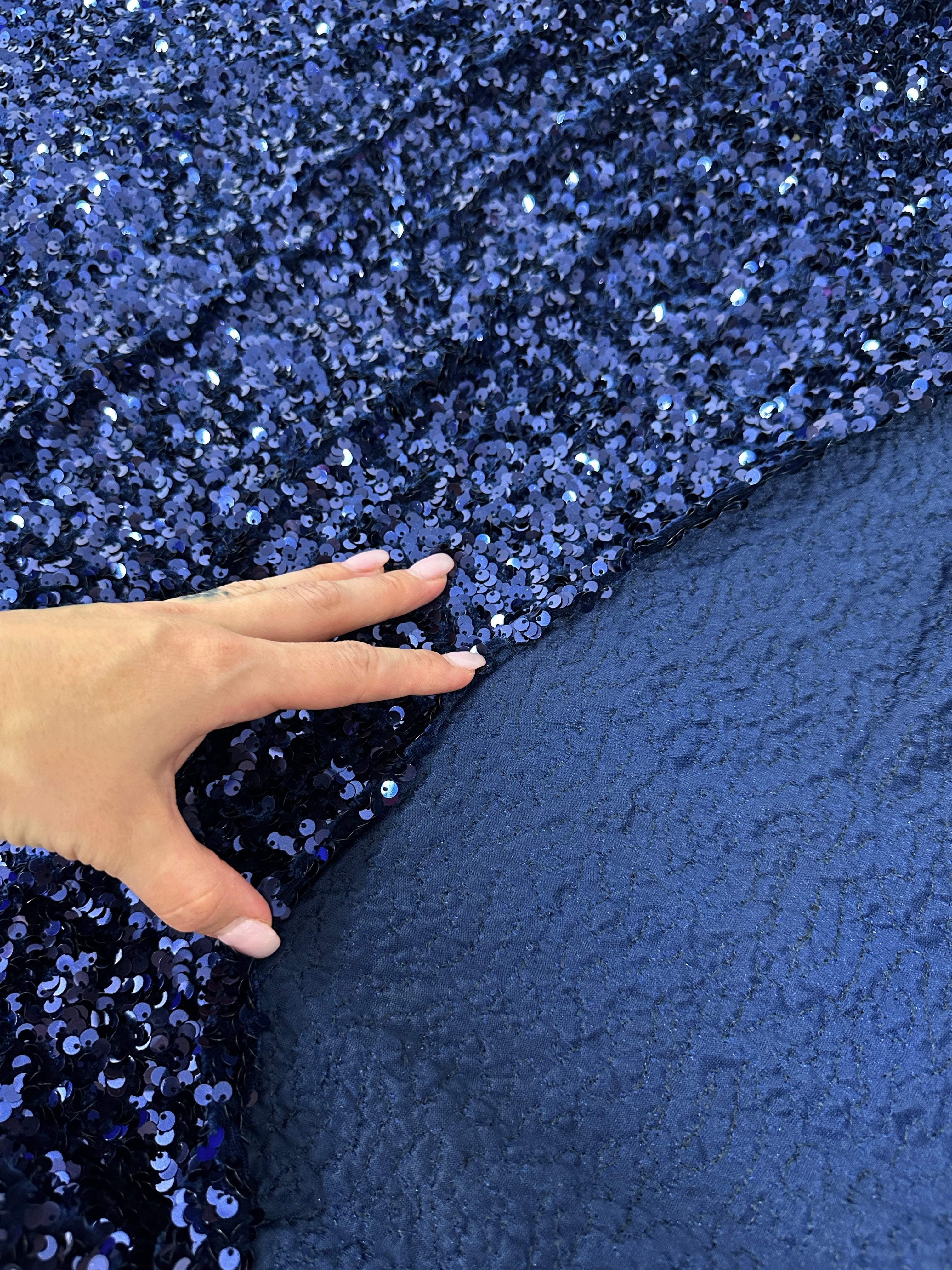 navy blue Sequin on Velvet, blue sequin on velvet, dark blue sequin on velvet, light blue sequin on velvet, velvet on discount, velvet on sale, buy velvet online, kikitextile velvet, premium velvet, velvet for gown, velvet for woman, velvet for bride