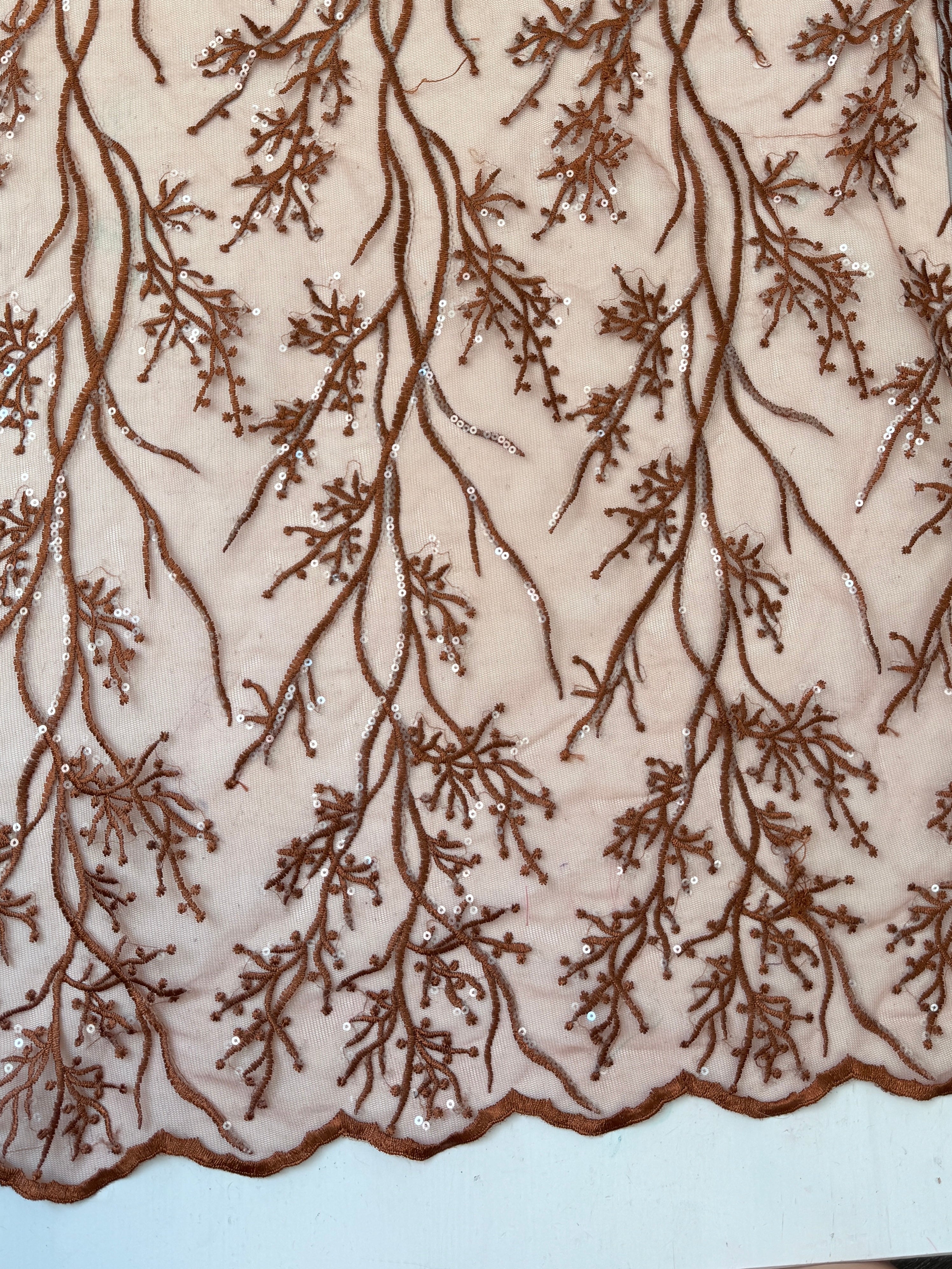 Caramel Embroidered Scalloped Branch Lace, brown Embroidered Scalloped Branch Lace, light brown Embroidered Scalloped Branch Lace, dark brown Embroidered Scalloped Branch Lace, Embroidered Scalloped Branch Lace for woman, Embroidered Scalloped Branch Lace for bride, Embroidered Scalloped Branch Lace on discount