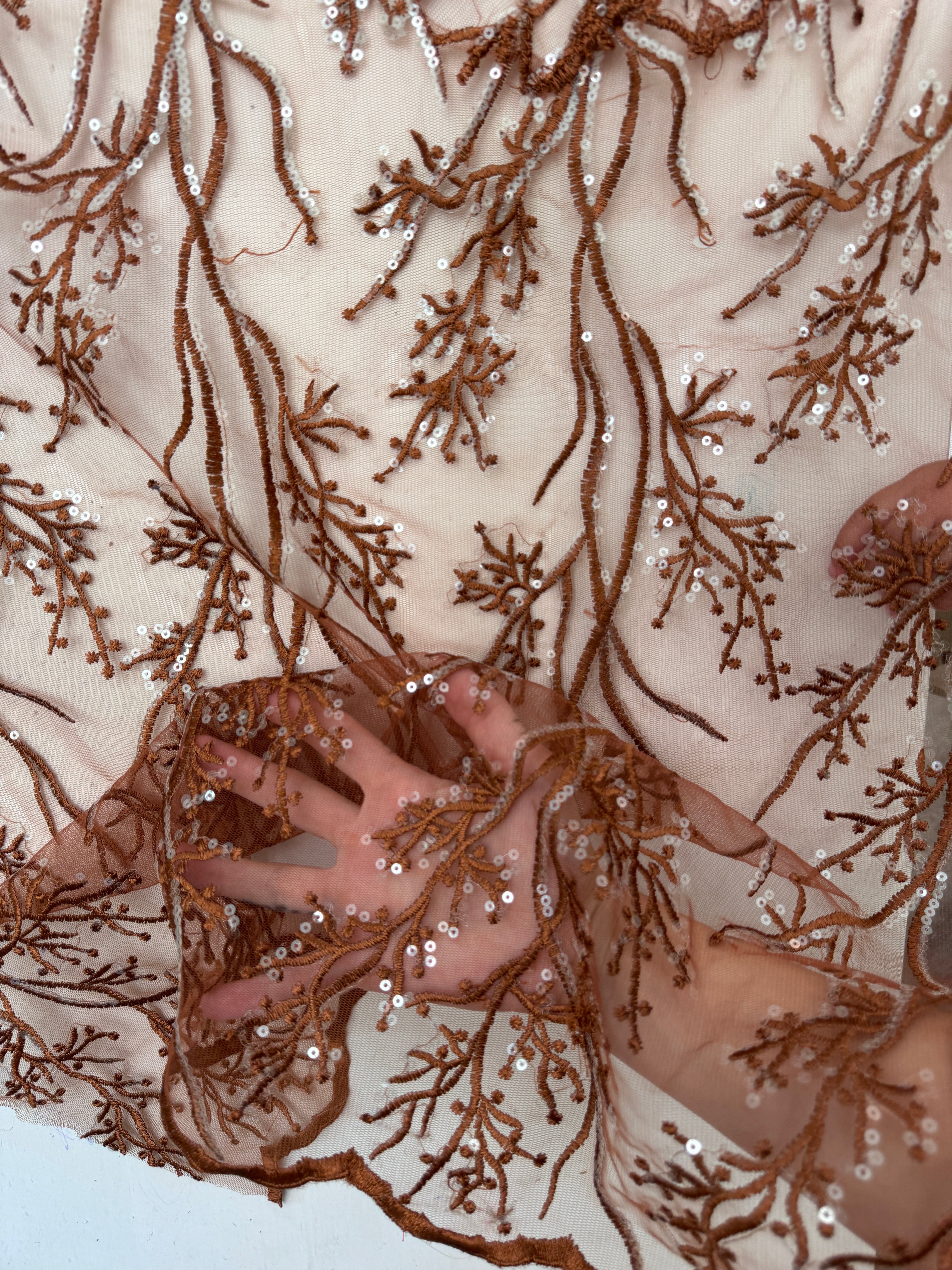 Caramel Embroidered Scalloped Branch Lace, brown Embroidered Scalloped Branch Lace, light brown Embroidered Scalloped Branch Lace, dark brown Embroidered Scalloped Branch Lace, Embroidered Scalloped Branch Lace for woman, Embroidered Scalloped Branch Lace for bride, Embroidered Scalloped Branch Lace on discount
