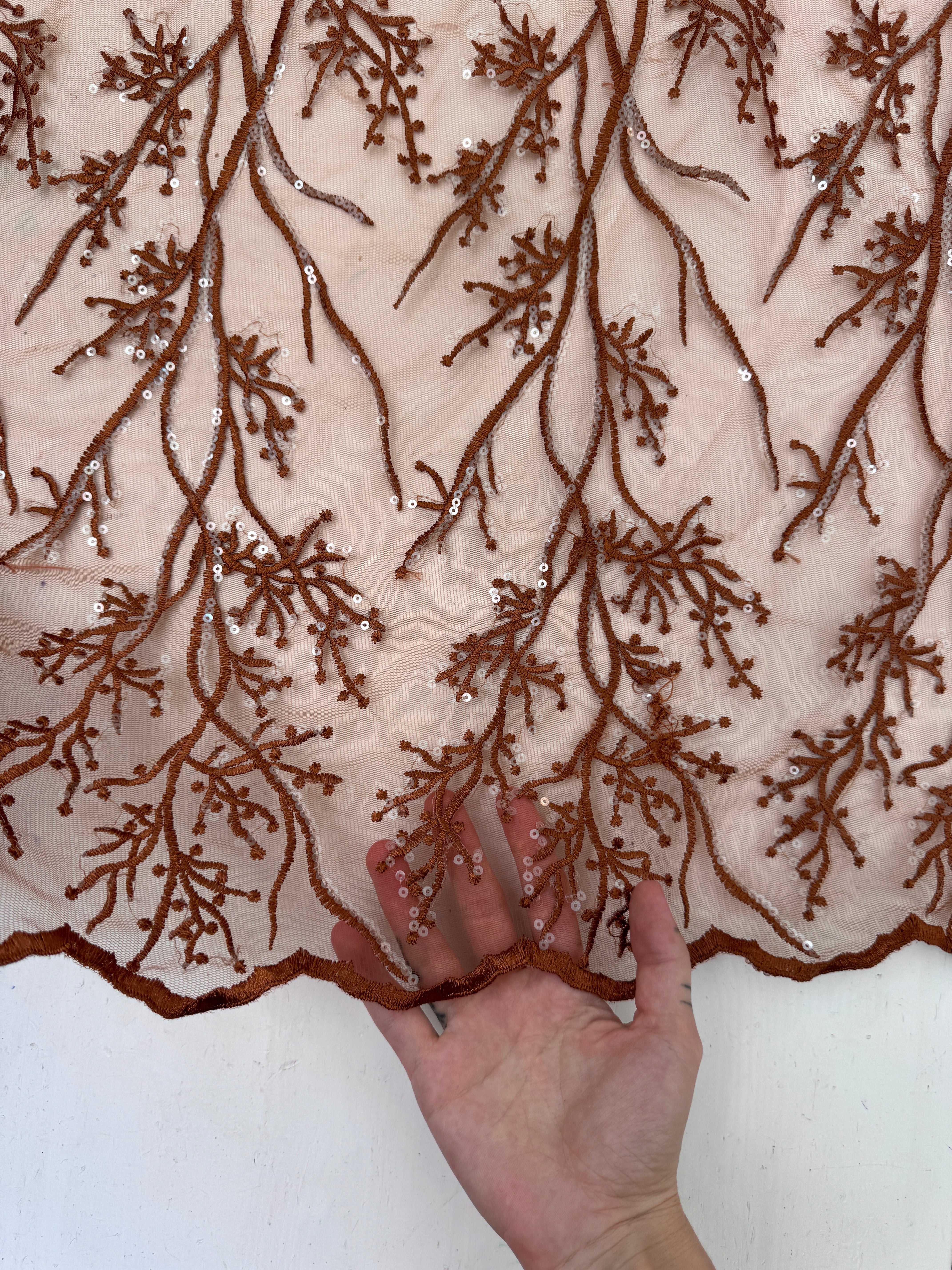 Caramel Embroidered Scalloped Branch Lace, brown Embroidered Scalloped Branch Lace, light brown Embroidered Scalloped Branch Lace, dark brown Embroidered Scalloped Branch Lace, Embroidered Scalloped Branch Lace for woman, Embroidered Scalloped Branch Lace for bride, Embroidered Scalloped Branch Lace on discount