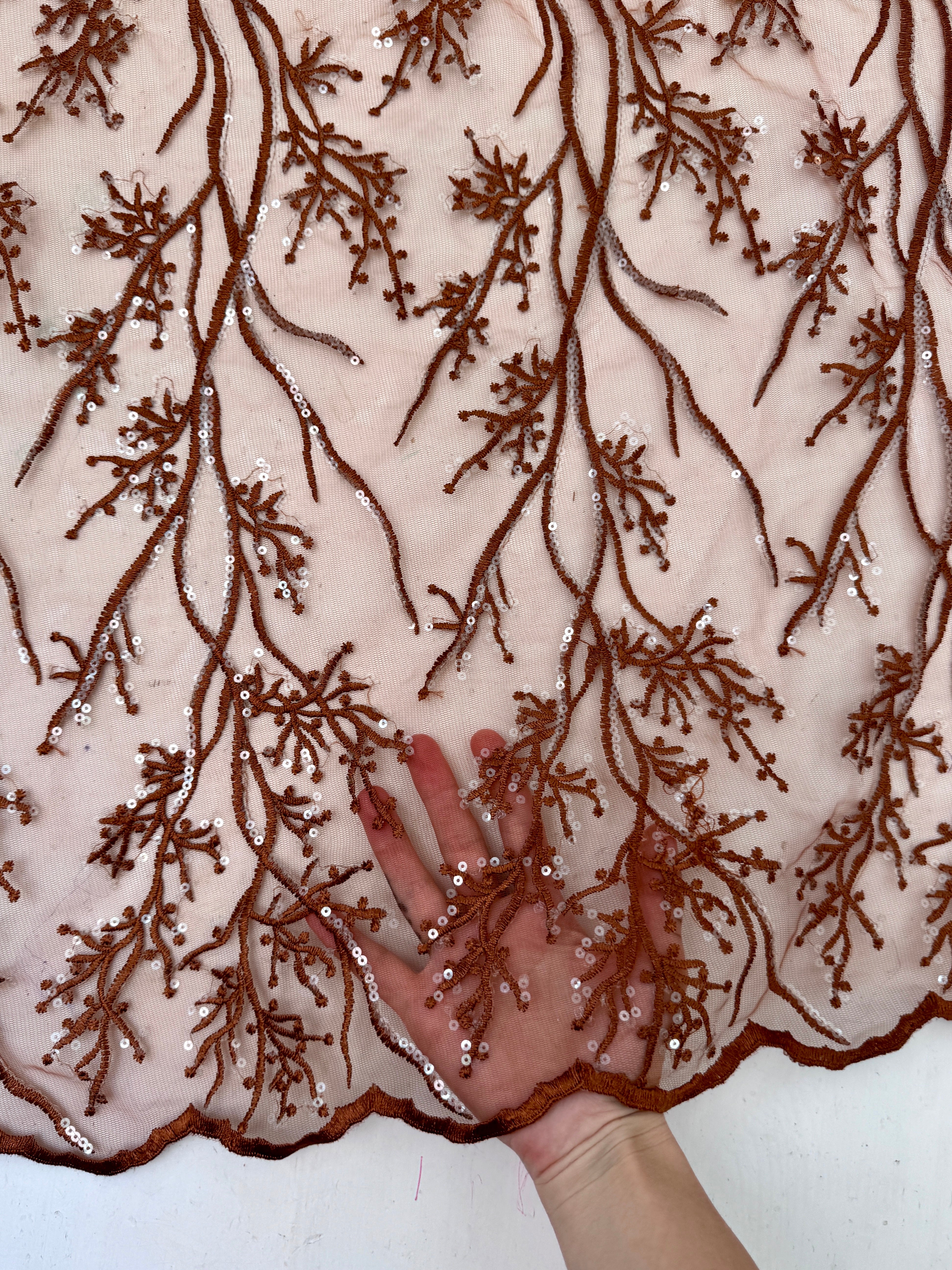 Caramel Embroidered Scalloped Branch Lace, brown Embroidered Scalloped Branch Lace, light brown Embroidered Scalloped Branch Lace, dark brown Embroidered Scalloped Branch Lace, Embroidered Scalloped Branch Lace for woman, Embroidered Scalloped Branch Lace for bride, Embroidered Scalloped Branch Lace on discount