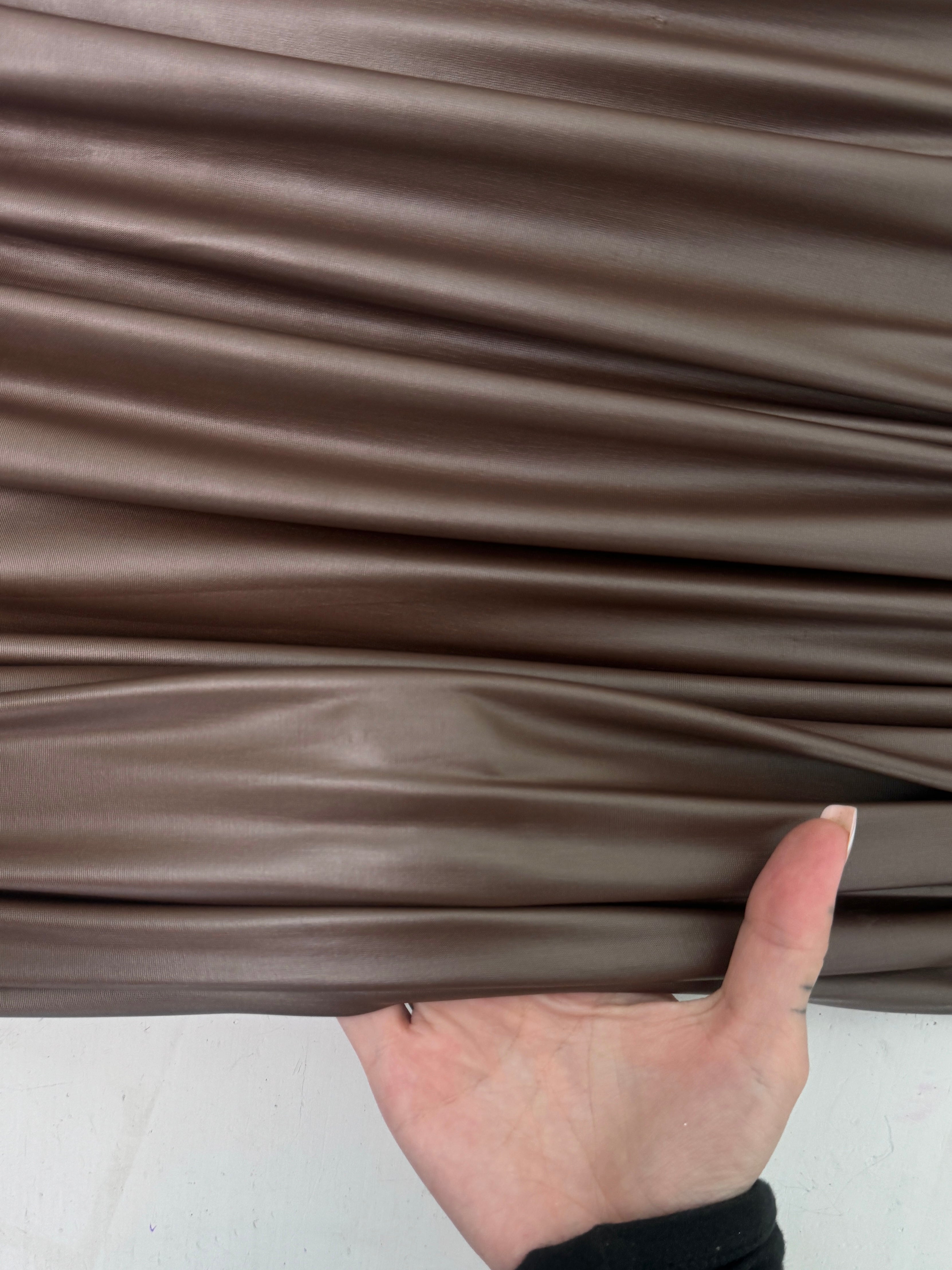 Chocolate Brown 4 Way Stretch Faux Leather, light brown all way stretch faux leather for woman, dark brown faux leather for costumes, brown faux leather for home decor, 4 way stretch faux leather, leather for blazers, cheap leather, discounted leather, leather on sale
