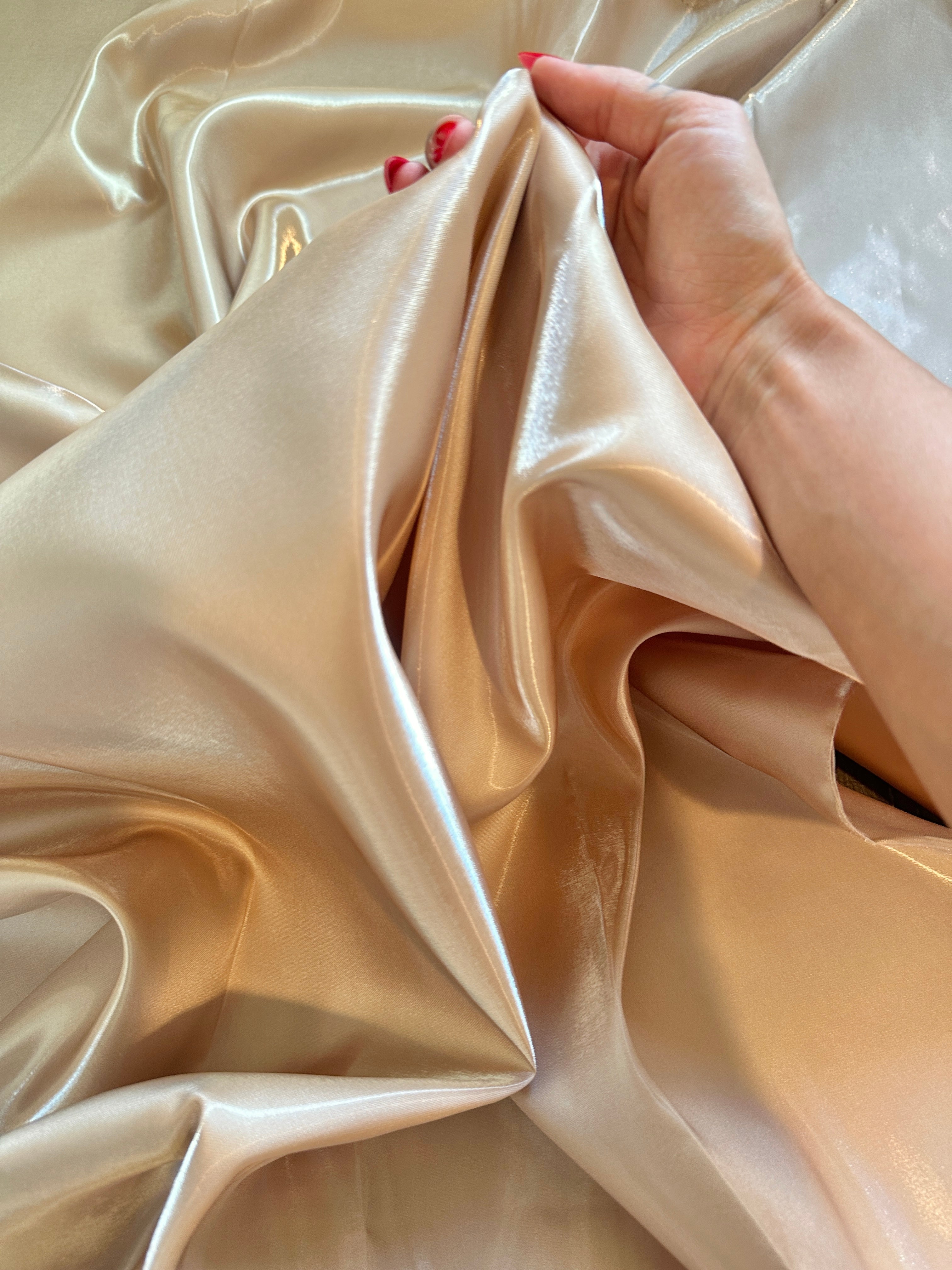 Champagne Liquid Bridal Satin, Fabric Store, Sewing Store, Cheap Fabric Store, Kiki Textiles, Textile by the Yard