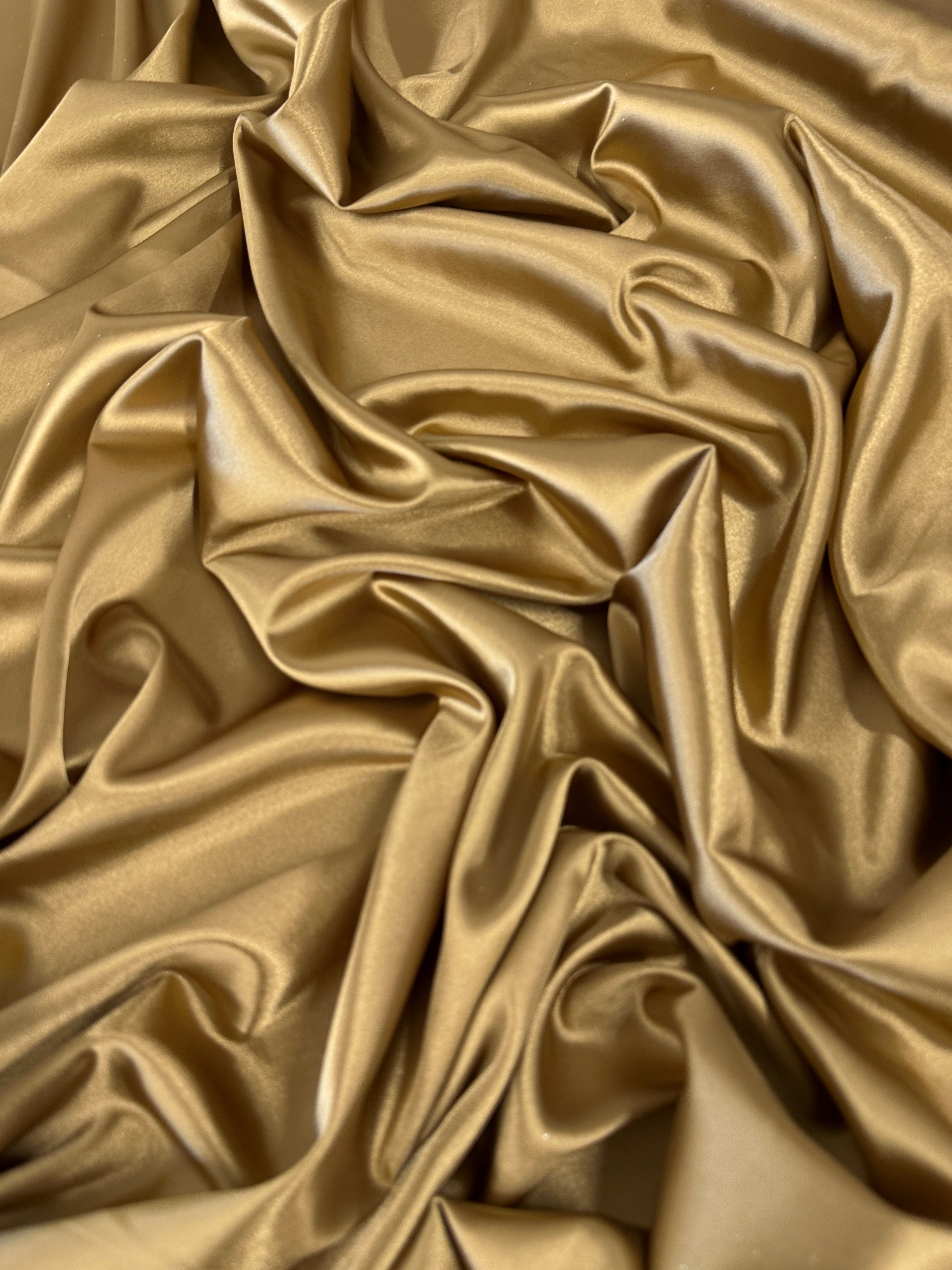 Gold stretch crepe back satin, gold color satin, bride fabric in gold color, satin in low price, discounted satin, satin on sale, silky smooth gold color satin, dusty gold fabric for woman, gold color gown, gold bridal dress