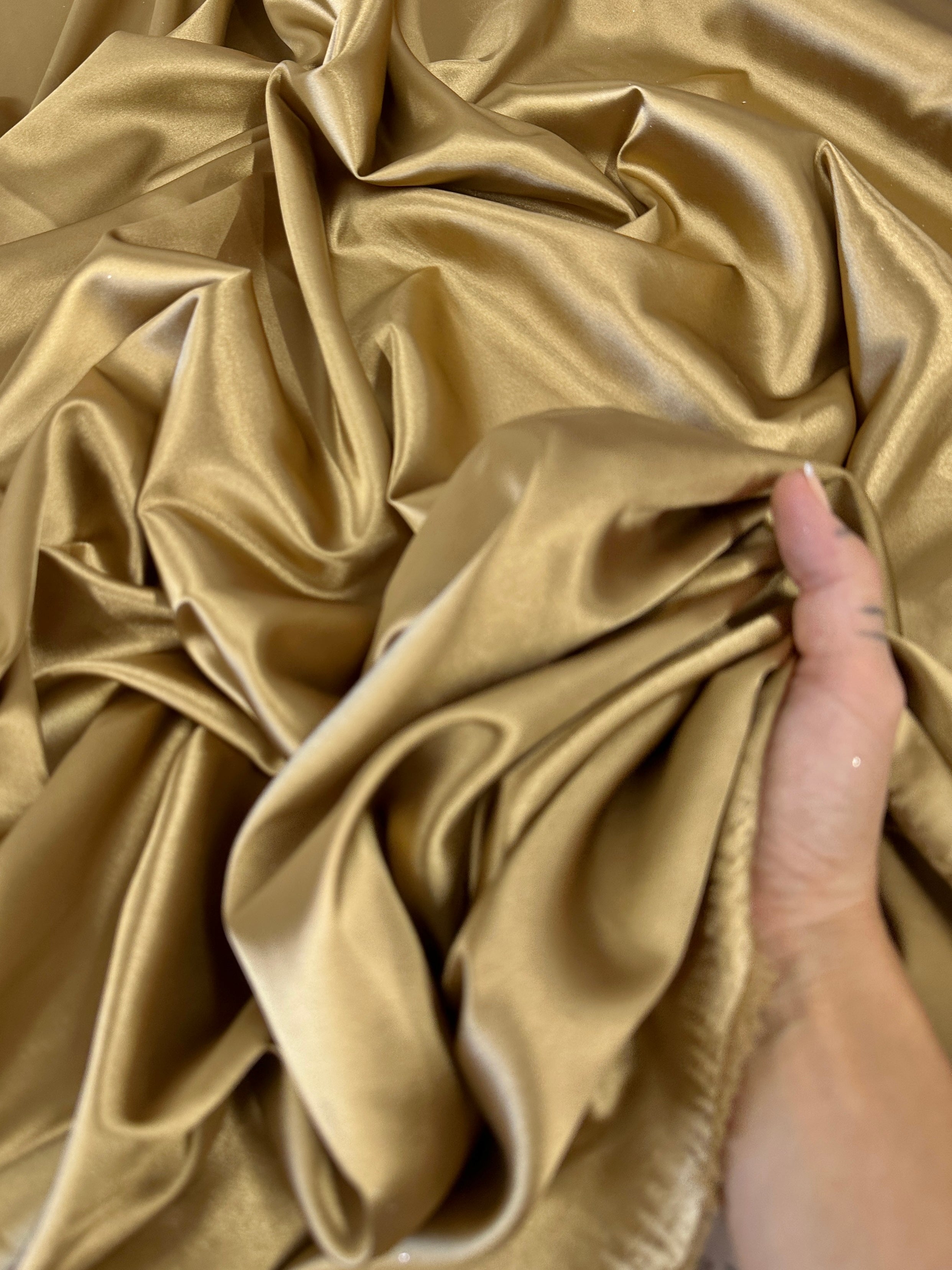 Gold stretch crepe back satin, gold color satin, bride fabric in gold color, satin in low price, discounted satin, satin on sale, silky smooth gold color satin, dusty gold fabric for woman, gold color gown, gold bridal dress