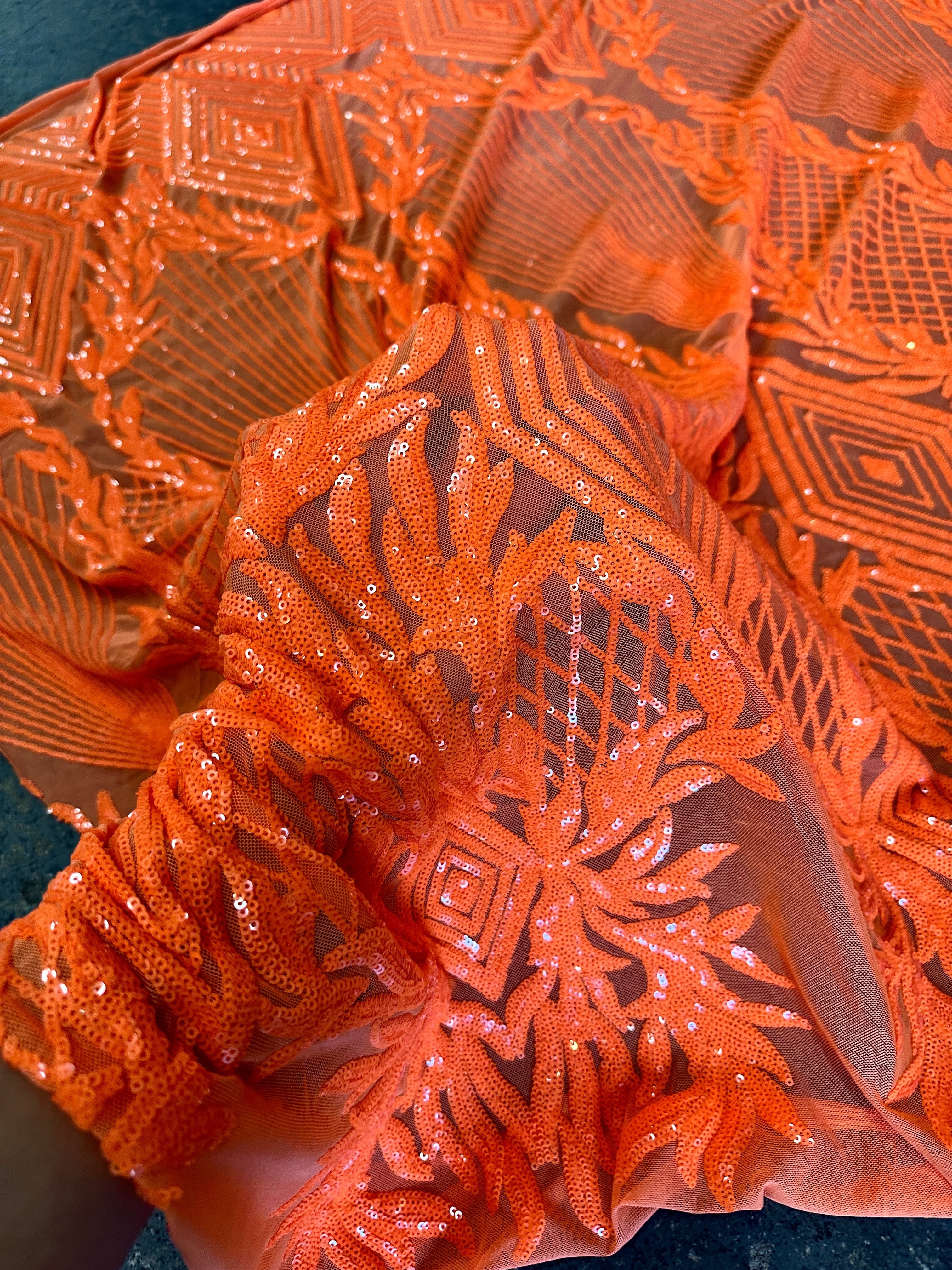 Orange Embroidered Curlicue Sequins on Mesh, dark orange sequin on mesh, light orange sequin on mesh, sequin on mesh for woman, sequin on mesh for bride, sequin on mesh on sale, sequin on mesh on discount