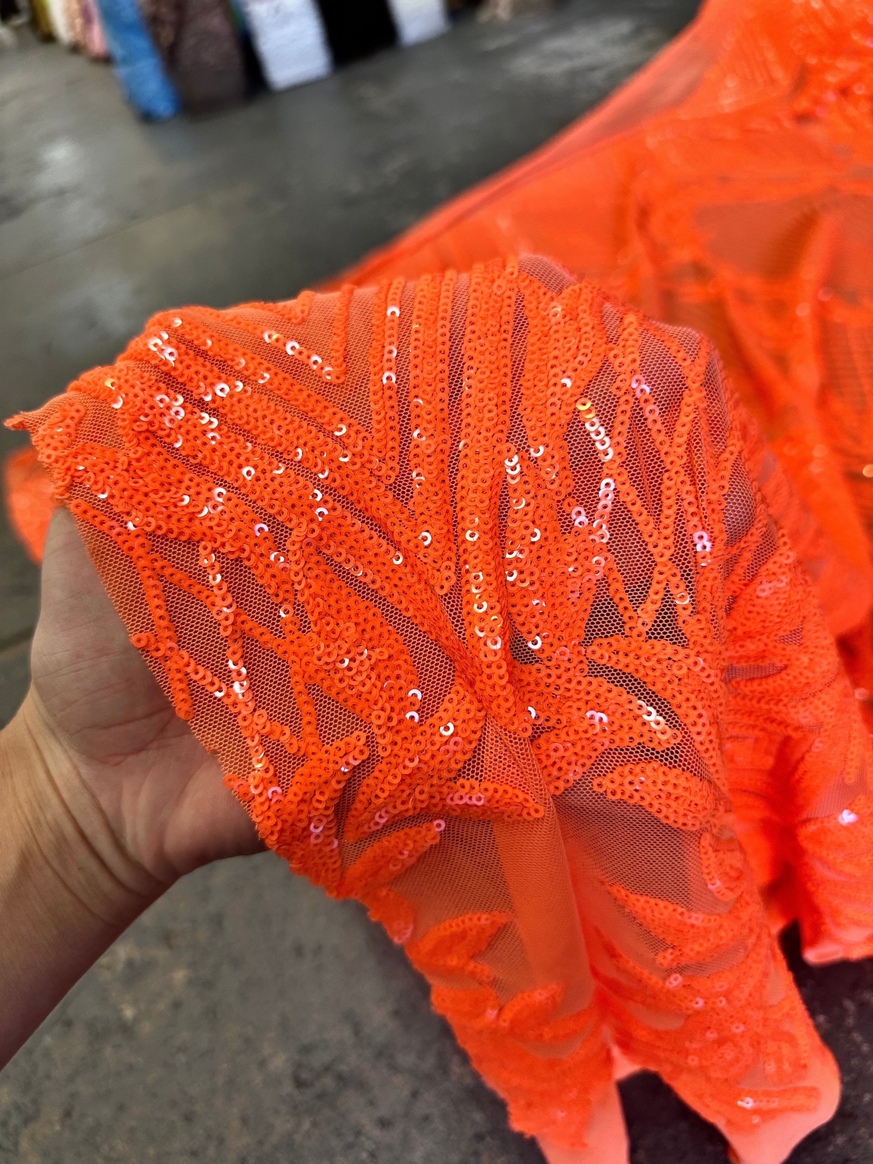 Orange Embroidered Curlicue Sequins on Mesh, dark orange sequin on mesh, light orange sequin on mesh, sequin on mesh for woman, sequin on mesh for bride, sequin on mesh on sale, sequin on mesh on discount