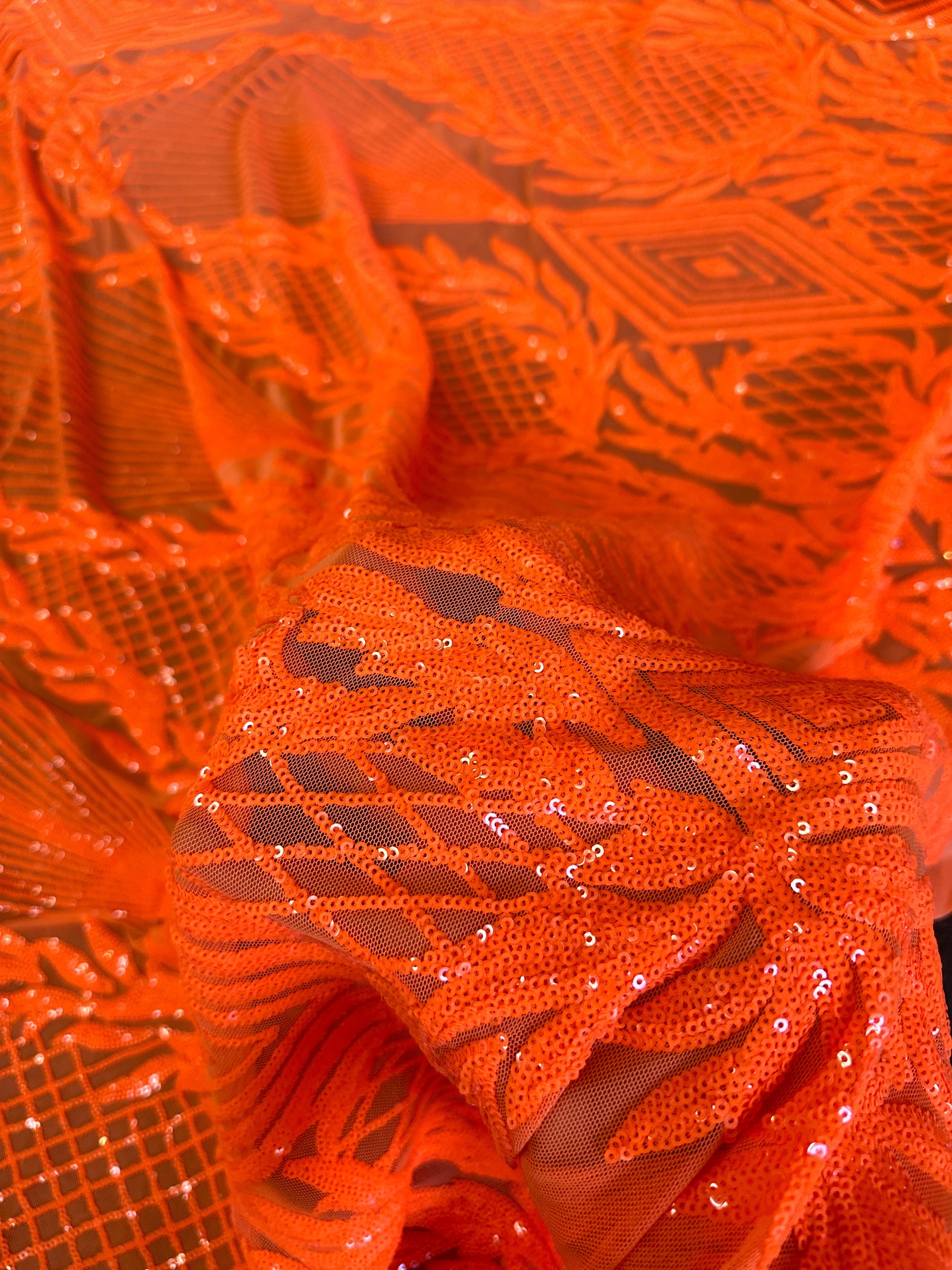 Orange Embroidered Curlicue Sequins on Mesh, dark orange sequin on mesh, light orange sequin on mesh, sequin on mesh for woman, sequin on mesh for bride, sequin on mesh on sale, sequin on mesh on discount