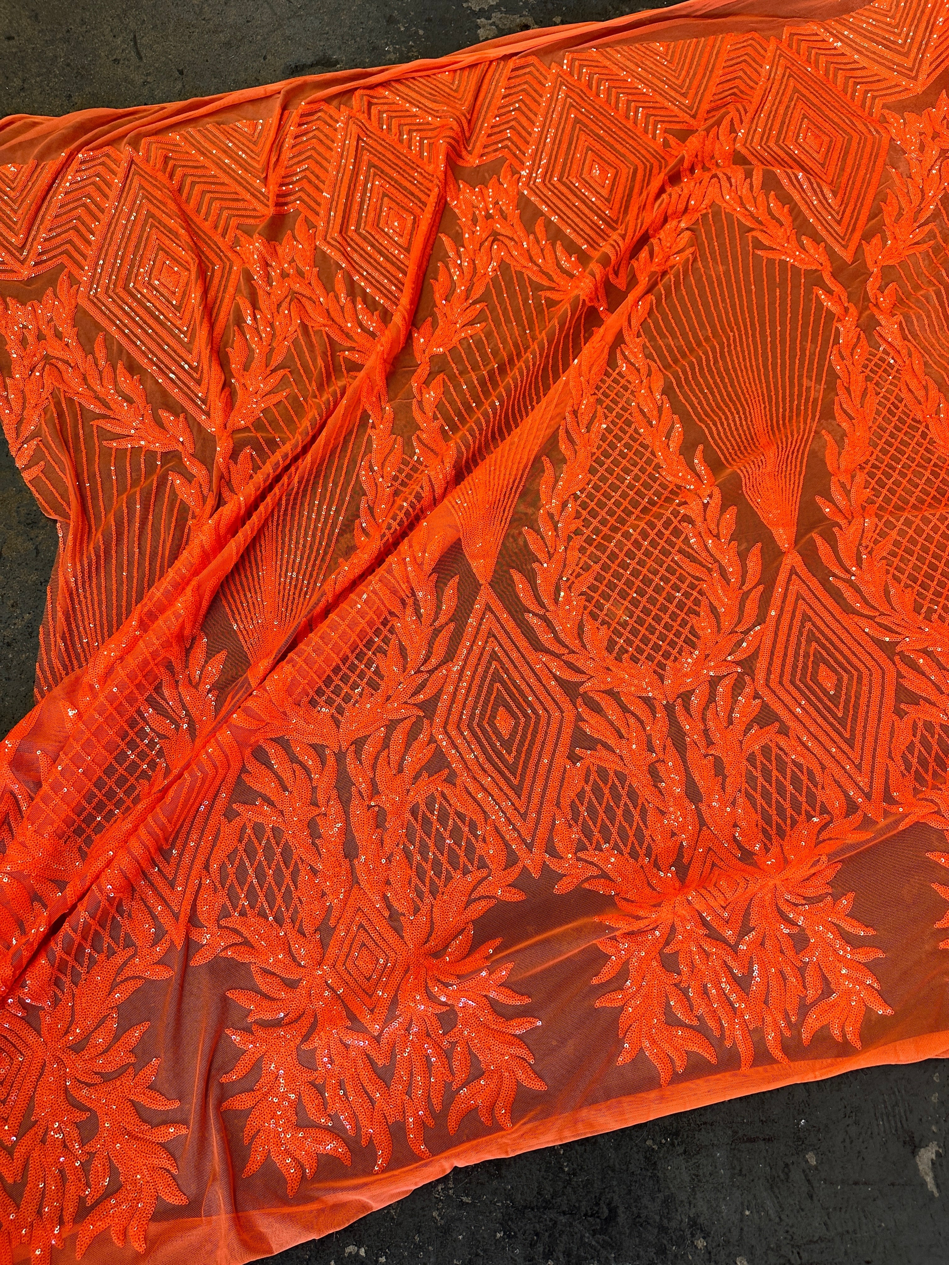 Orange Embroidered Curlicue Sequins on Mesh, dark orange sequin on mesh, light orange sequin on mesh, sequin on mesh for woman, sequin on mesh for bride, sequin on mesh on sale, sequin on mesh on discount