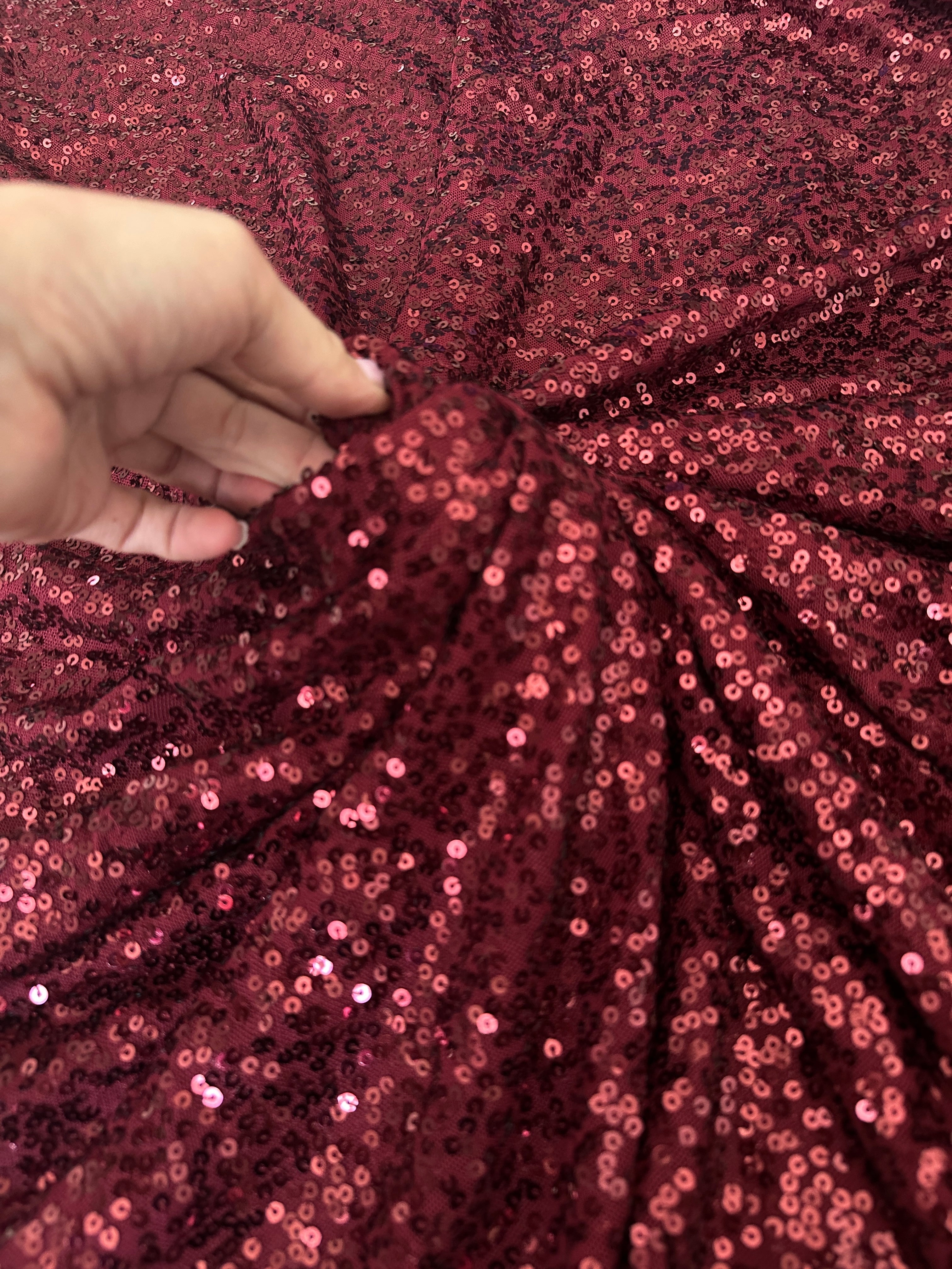 burgundy all way stretch sequin on mesh, dark red sequin on mesh, maroon sequin on mesh, sequin on mesh for woman, sequin on mesh for bride, sequin on mesh on discount, sequin on mesh on sale, premium sequin on mesh, kiki textile sequin on mesh, sequin on mesh for party wear 