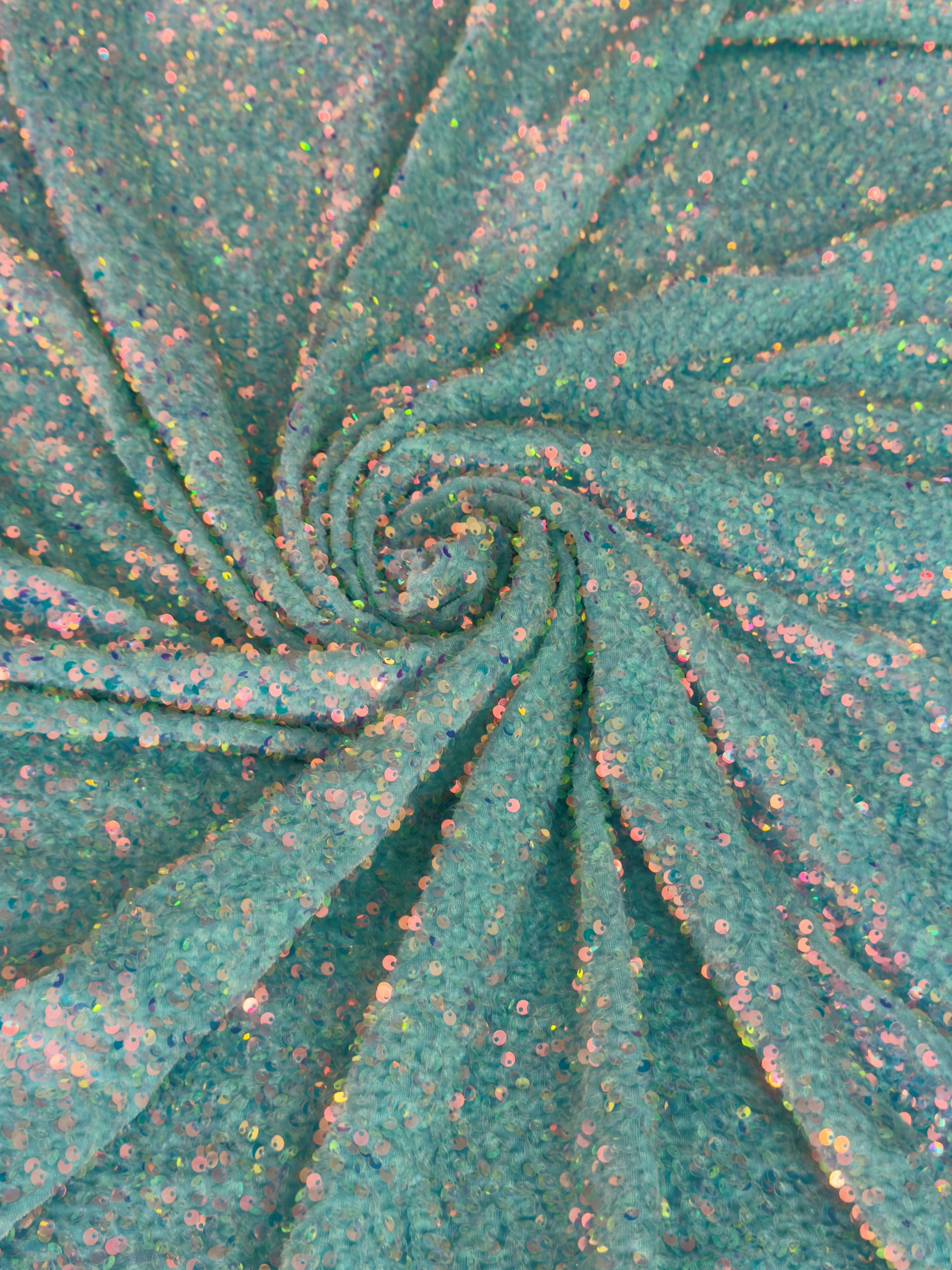Mint Sequin on Velvet, Sequin on velvet, Stretch Sequin Mesh, Stretch Sequin velvet for woman, Stretch Sequin velvet for bride, Stretch Sequin velvet on discount, Stretch Sequin velvet online