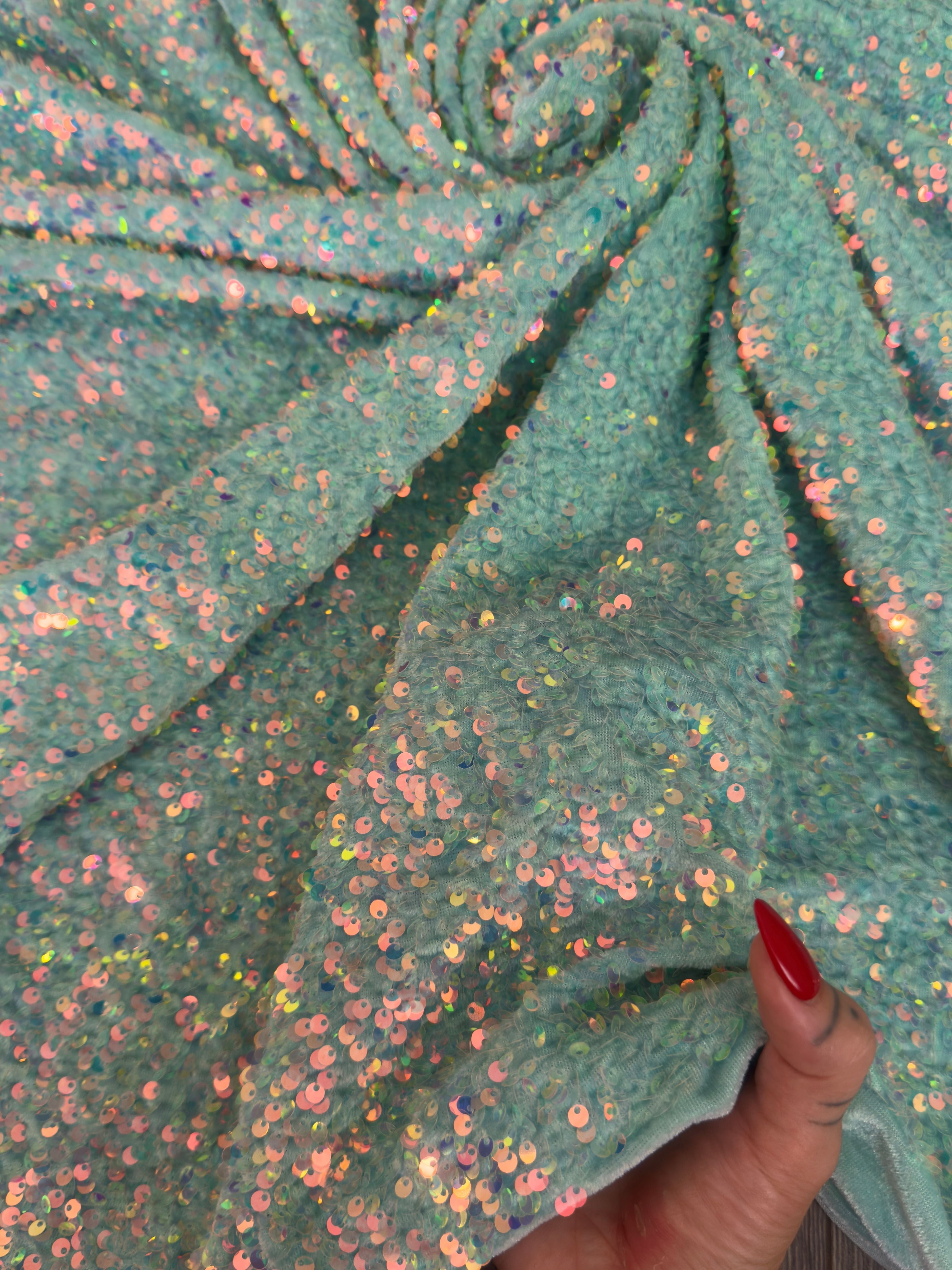 Mint Sequin on Velvet, Sequin on velvet, Stretch Sequin Mesh, Stretch Sequin velvet for woman, Stretch Sequin velvet for bride, Stretch Sequin velvet on discount, Stretch Sequin velvet online