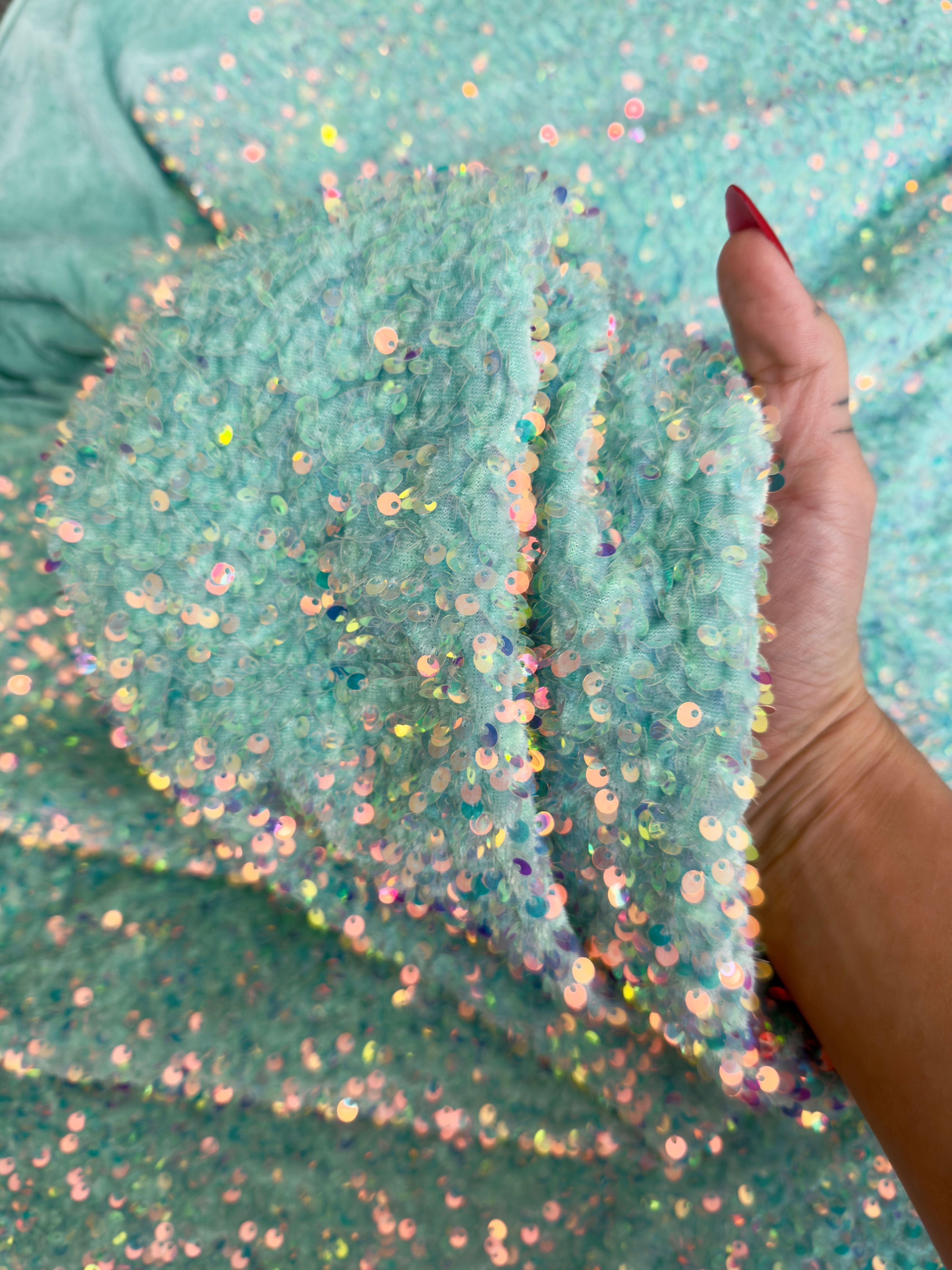 Mint Sequin on Velvet, Fabric Store, Sewing Store, Cheap Fabric Store, Kiki Textiles, Textile by the Yard