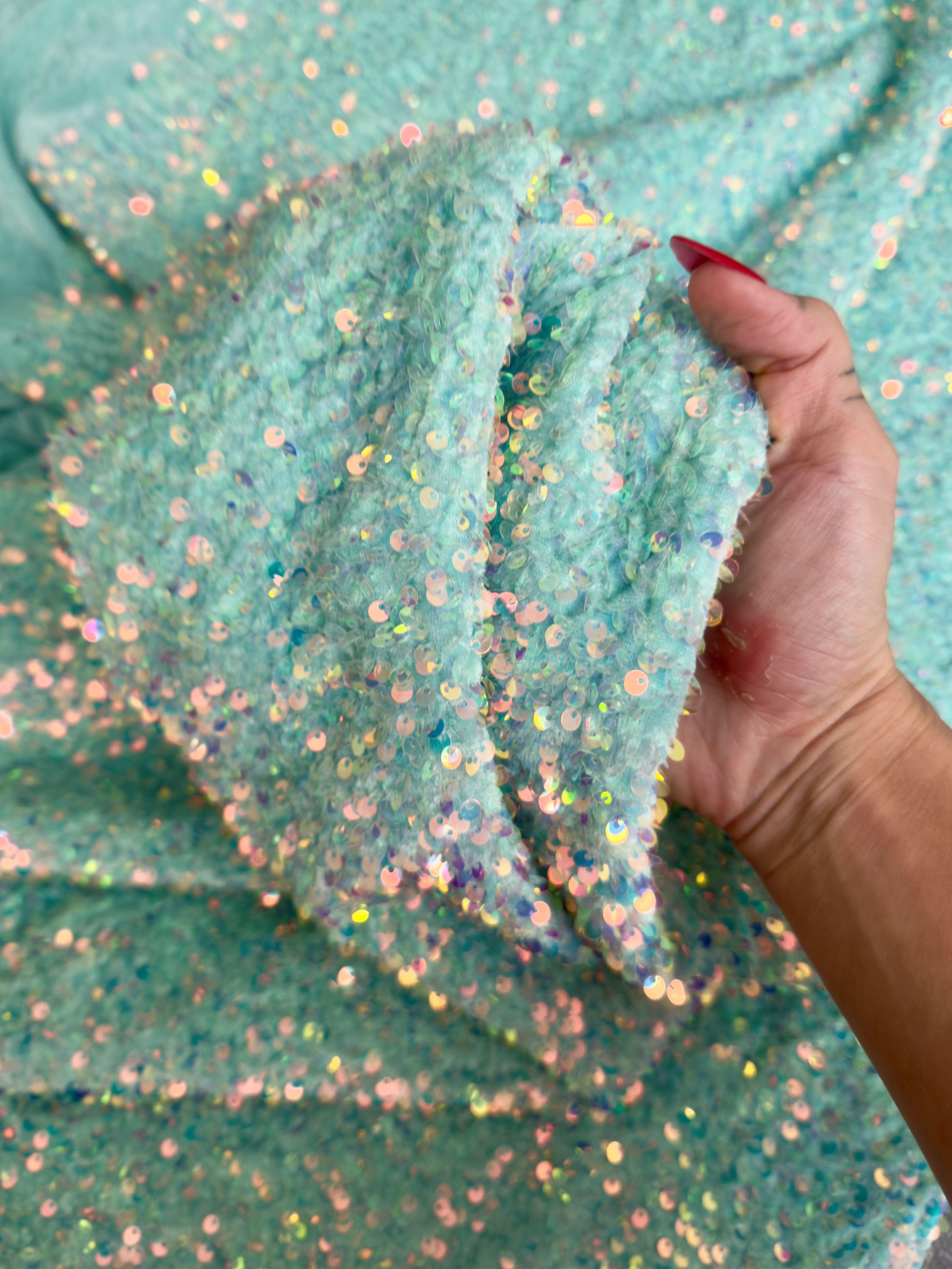 Mint Sequin on Velvet, Sequin on velvet, Stretch Sequin Mesh, Stretch Sequin velvet for woman, Stretch Sequin velvet for bride, Stretch Sequin velvet on discount, Stretch Sequin velvet online