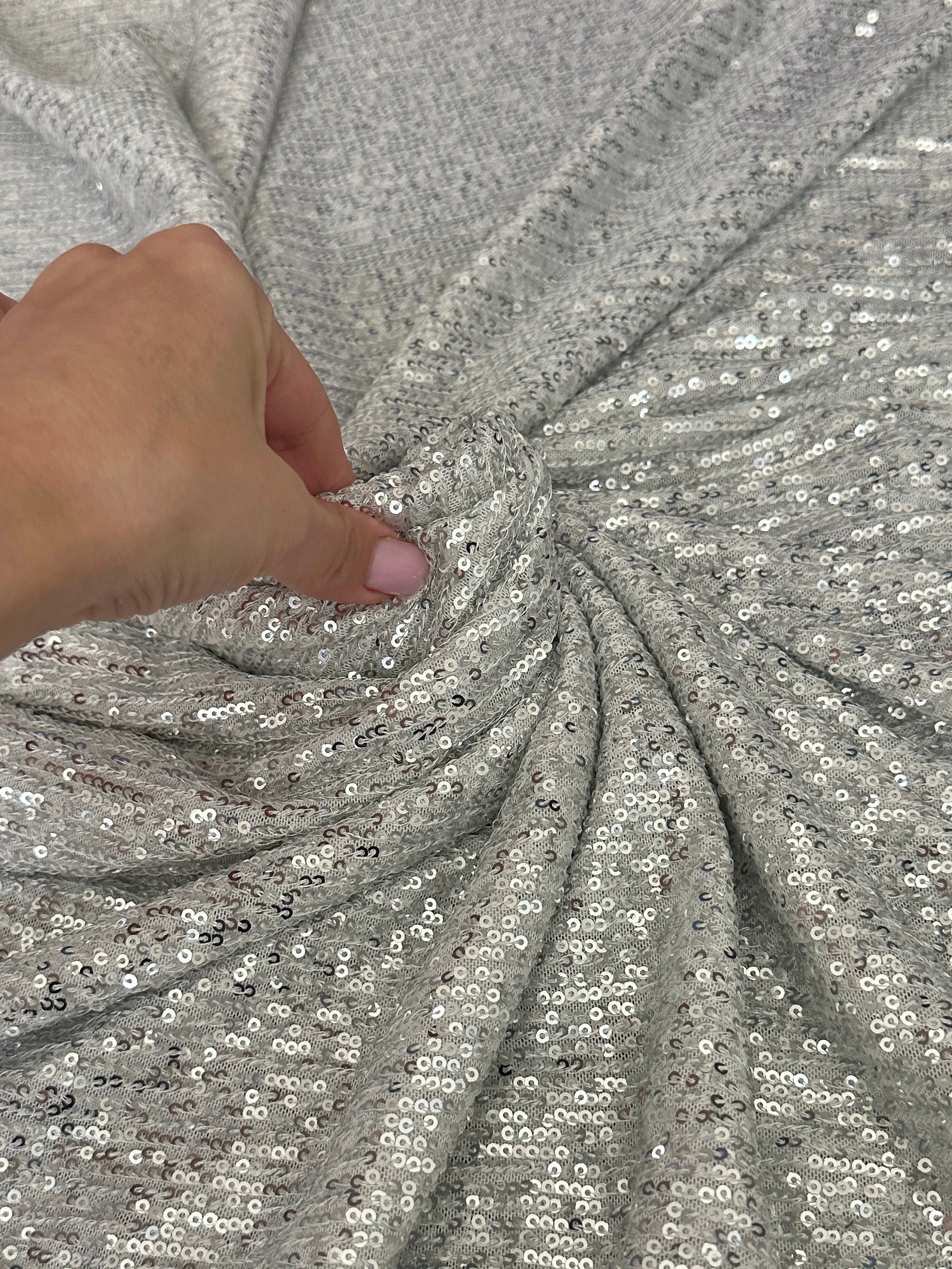 silver super stretch sequin on mesh, light silver sequin on mesh, light silver sequin on mesh, sequin on mesh for woman, sequin on mesh for bride, sequin on mesh on discount, sequin on mesh on sale, premium sequin on mesh, kiki textile sequin on mesh, sequin on mesh for party wear 