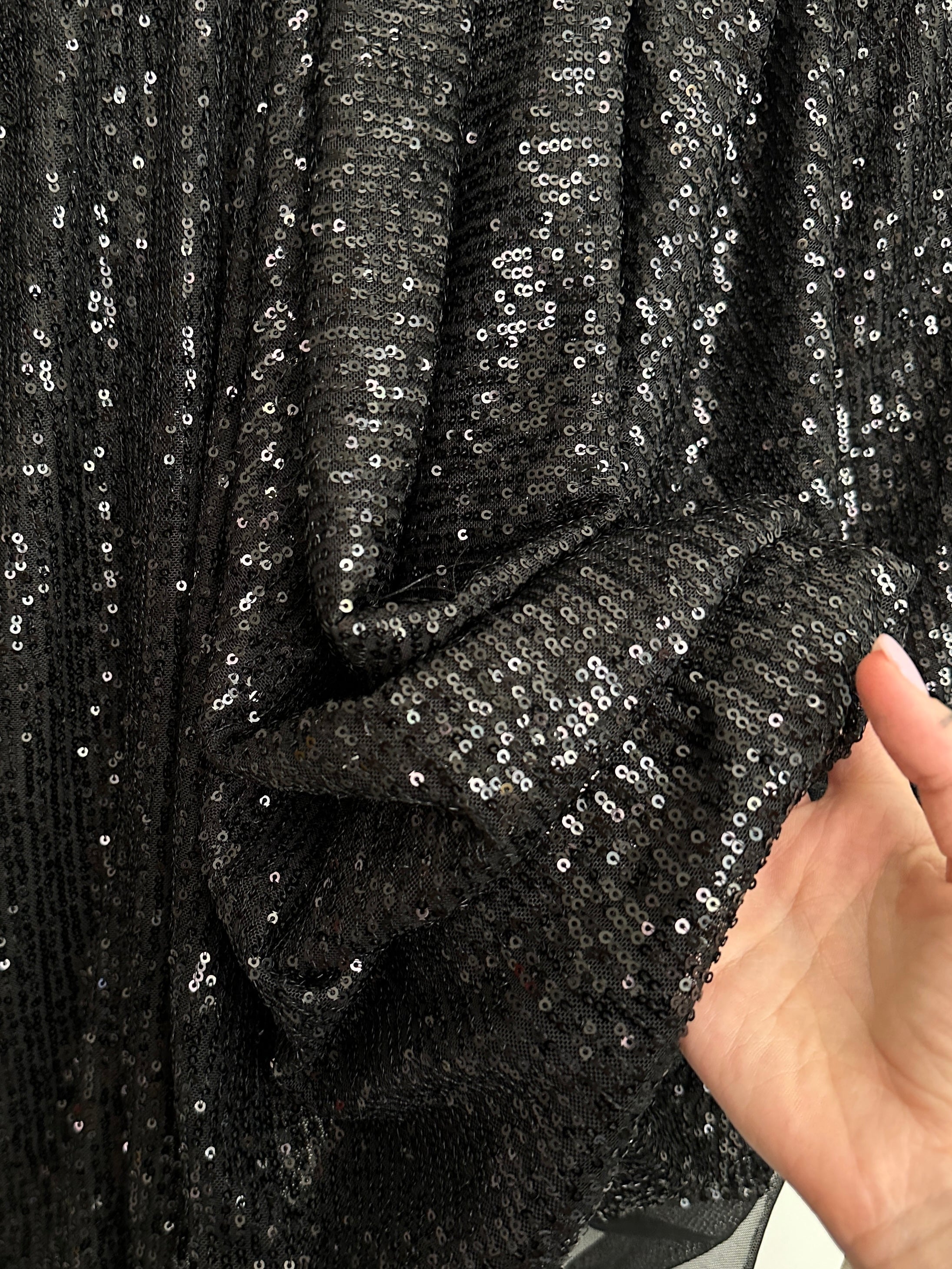 black super stretch sequin on mesh, dark grey sequin on mesh, jet black sequin on mesh, sequin on mesh for woman, sequin on mesh for bride, sequin on mesh on discount, sequin on mesh on sale, premium sequin on mesh, kiki textile sequin on mesh, sequin on mesh for party wear 