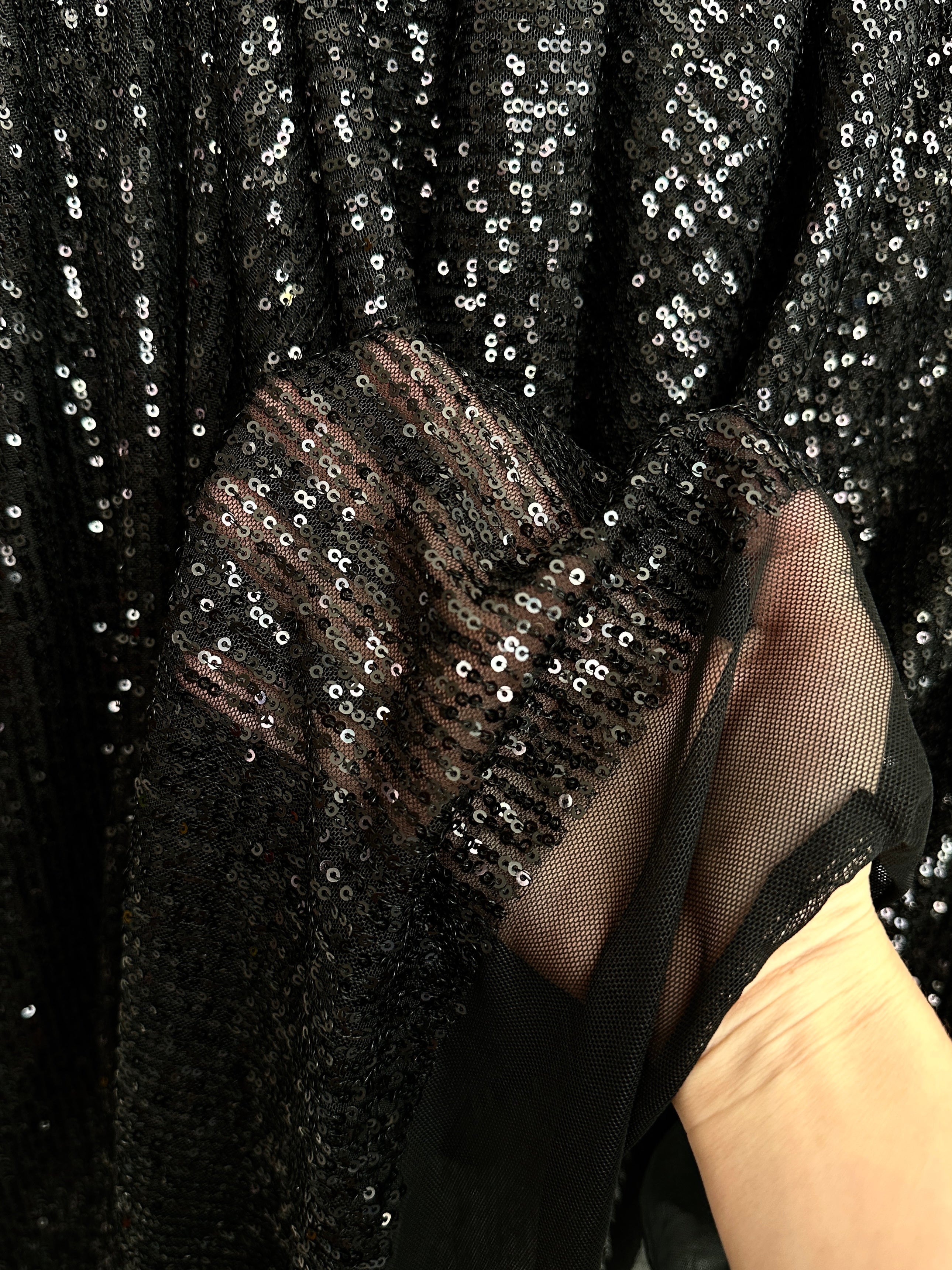 black super stretch sequin on mesh, dark grey sequin on mesh, jet black sequin on mesh, sequin on mesh for woman, sequin on mesh for bride, sequin on mesh on discount, sequin on mesh on sale, premium sequin on mesh, kiki textile sequin on mesh, sequin on mesh for party wear 