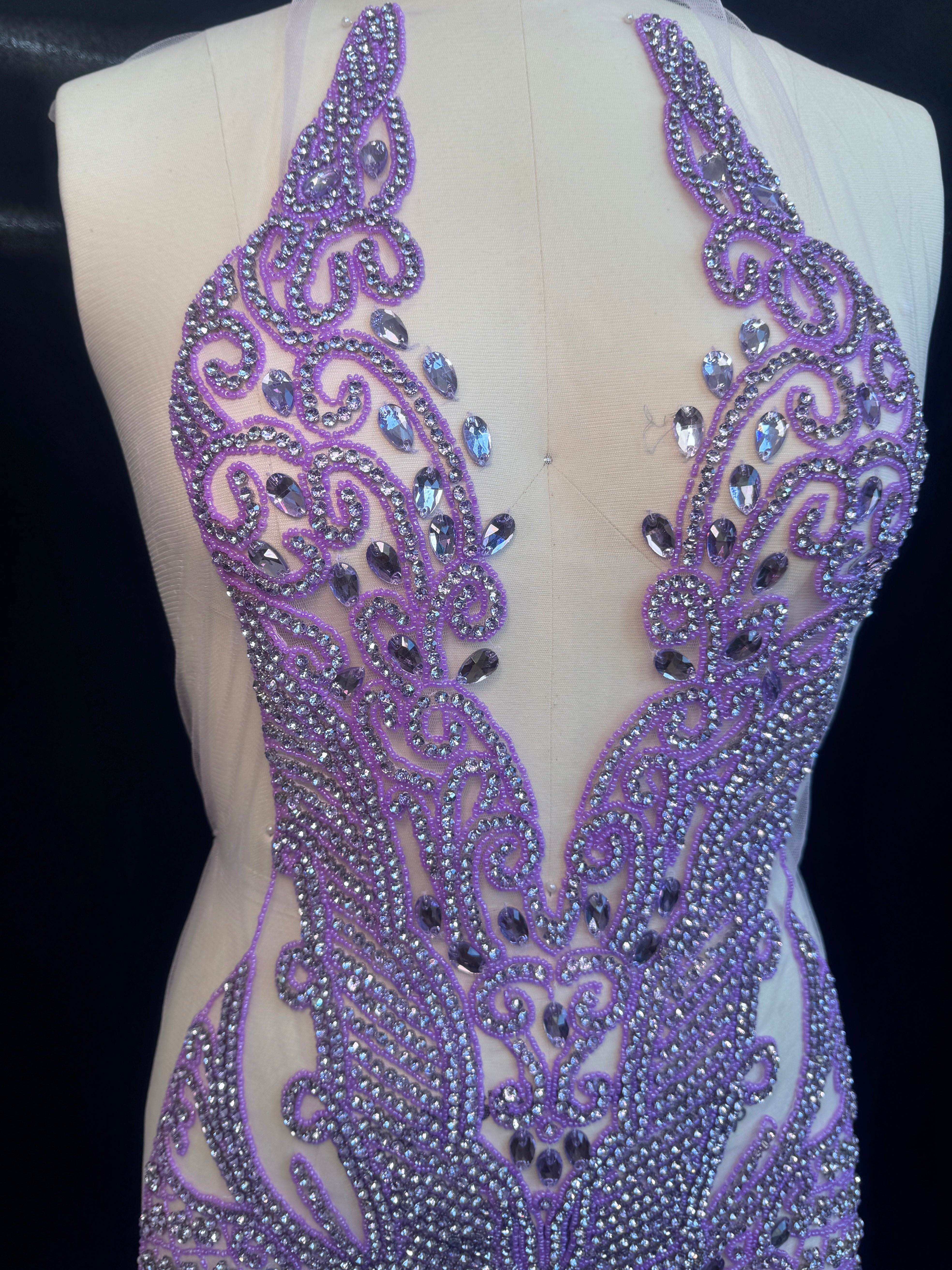 Brenda Lavender Rhinestones Bodice Applique, purple rhinestone, light purple rhinestone, dark purple rhinestone  