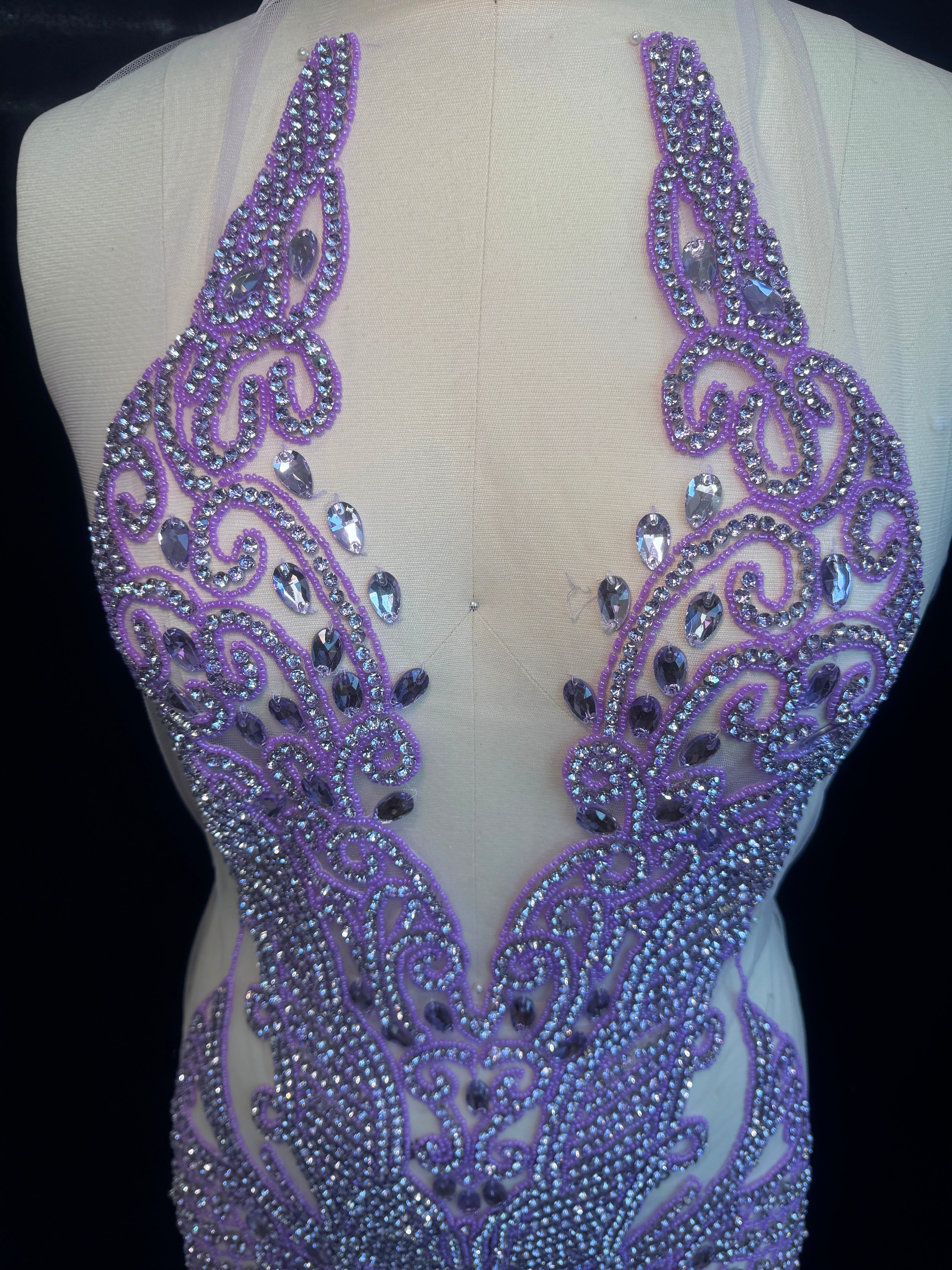 Brenda Lavender Rhinestones Bodice Applique, purple rhinestone, light purple rhinestone, dark purple rhinestone  