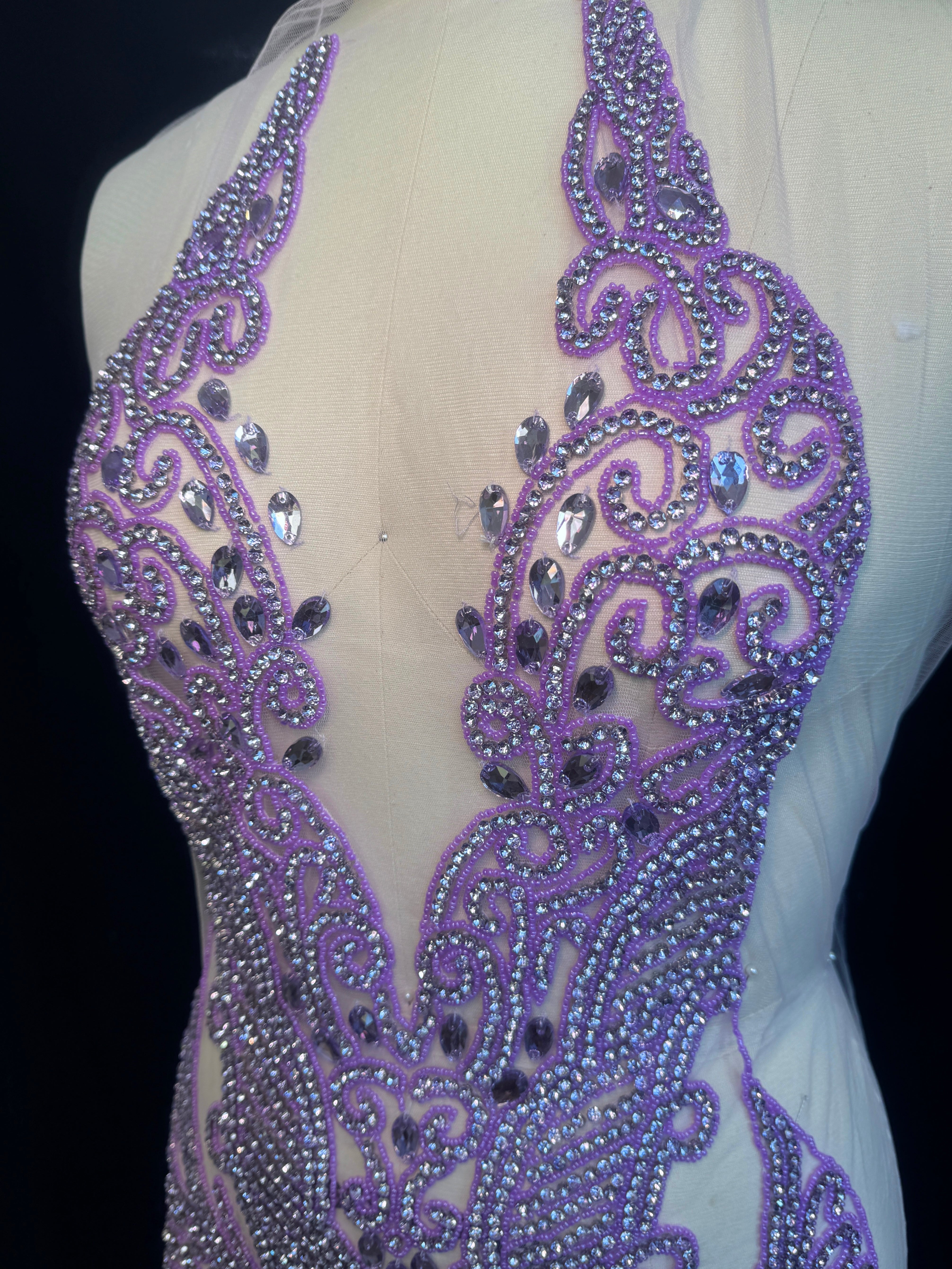 Brenda Lavender Rhinestones Bodice Applique, purple rhinestone, light purple rhinestone, dark purple rhinestone  