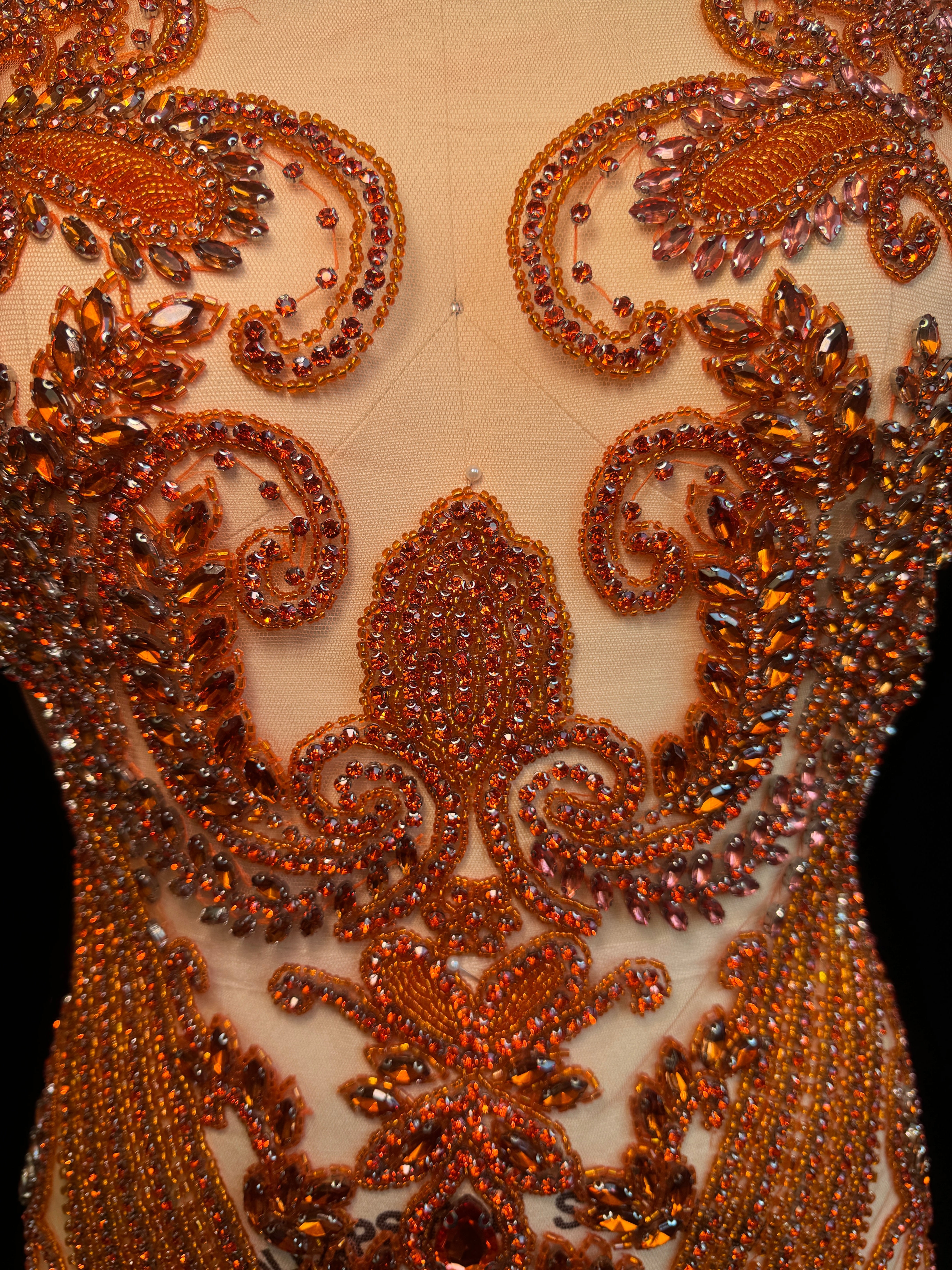 Deborah Orange Rhinestones Bodice Applique, orange rhinestone, light orange rhinestone, dark orange rhinestone  