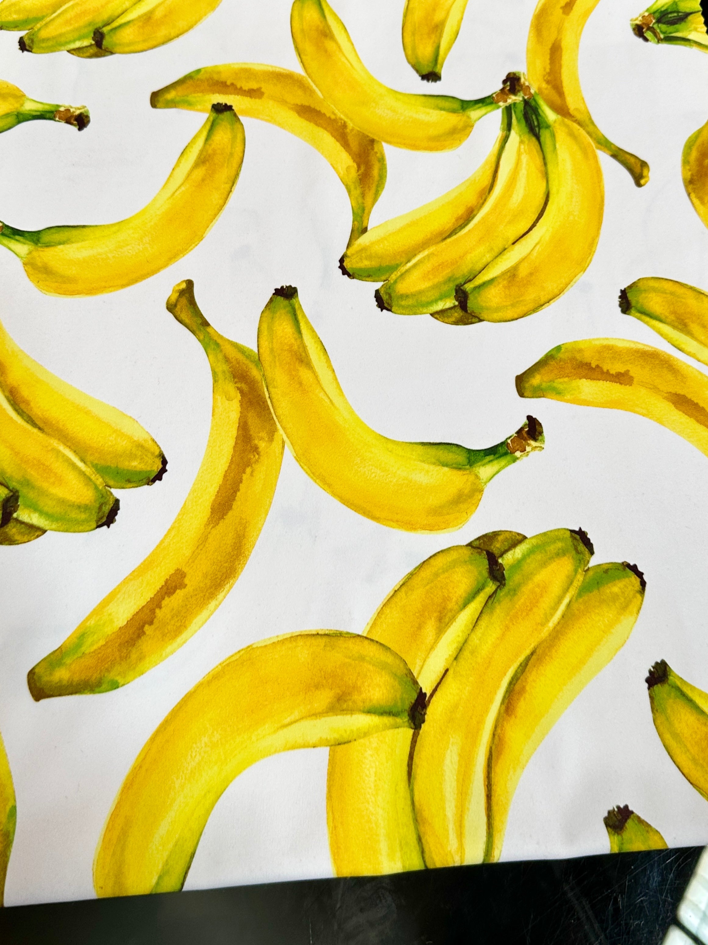 banana print fabric, banana white nylon spandex, printed spandex fabric, spandex for legging, fabric for dancewear, kikitextiles, printed fabric, spandex store usa, spandex for woman, spandex on sale, spandex on discount, premium spandex