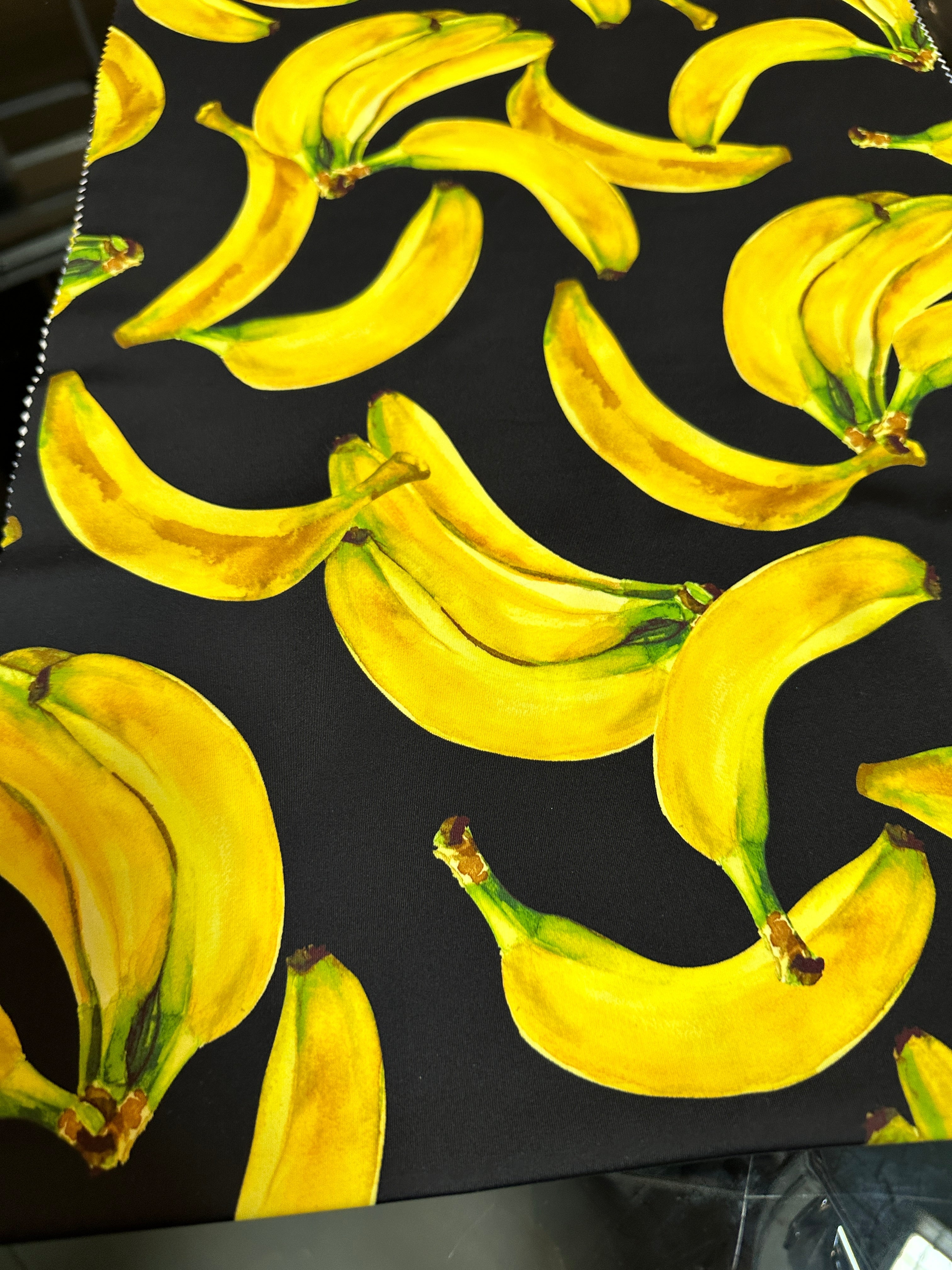 banana print fabric, banana nylon spandex, printed spandex fabric, spandex for legging, fabric for dancewear, kikitextiles, printed fabric, spandex store usa, spandex for woman, spandex on sale, spandex on discount, premium spandex